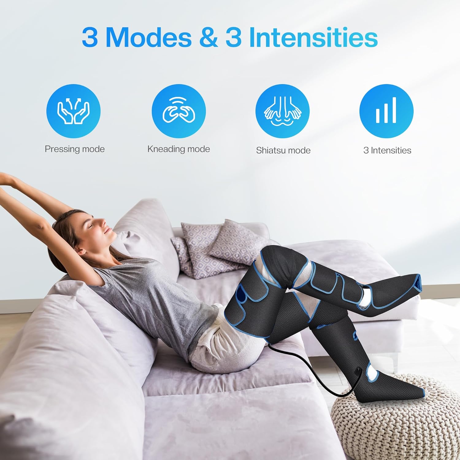 Woman relaxing on a couch with COMFIER leg massagers, showing icons for 3 modes and 3 intensities.