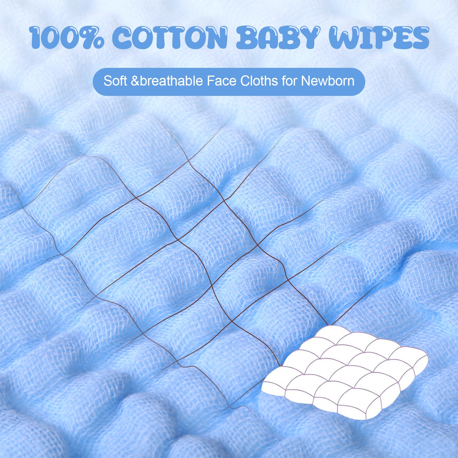 Breling 20 paños de Muselina para bebé, de algodón Natural, Suaves, para recién Nacidos, absorbentes para Piel Sensible, 12 x 12 Pulgadas (Blanco, Azul Claro, Azul)