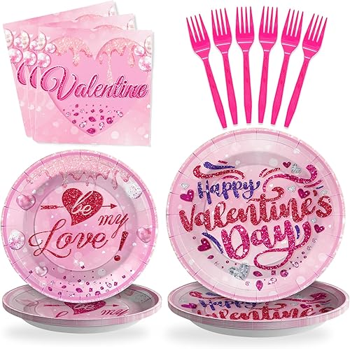 SCIONE Juego de 96 platos y servilletas para el día de San Valentín, platos de papel de corazón rosa intenso para decoración de fiesta del día de