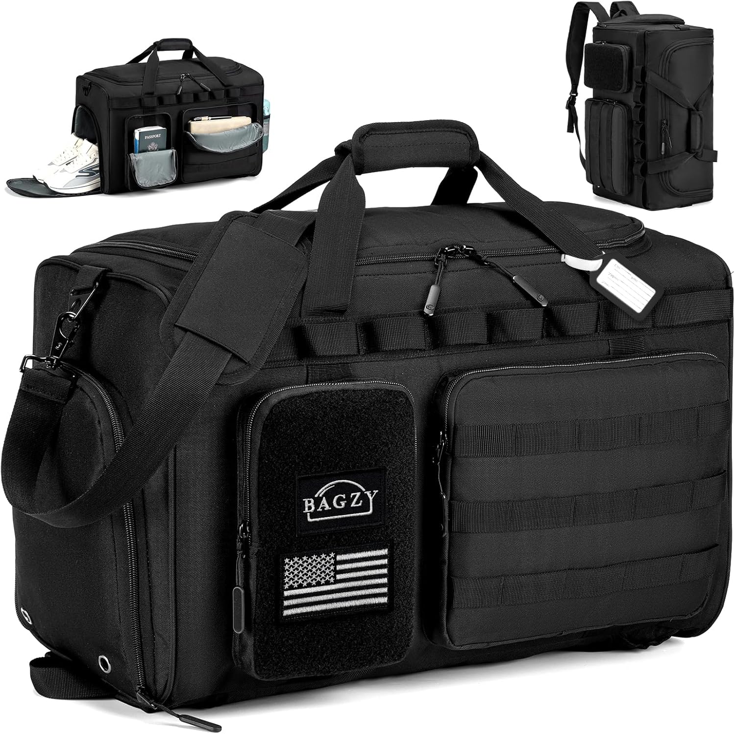 Tactical Gym Bag for Men 40L Sports Duffel Bags 3 in 1 Travel Duffel Bag with Shoe Compartment Waterproof Workout Backpack Carry On Bag for Overnight Weekender Travel Black