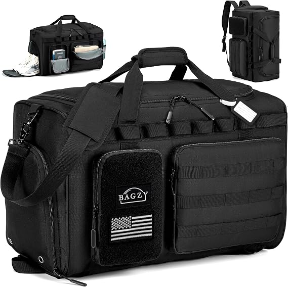 Tactical Gym Bag for Men 50L Sports Duffel Bags 3 in 1 Travel Duffel Bag with Shoe Compartment Workout Backpack Carry on Luggage 22x14x9 Airline Approved for Overnight Weekender Travel Black