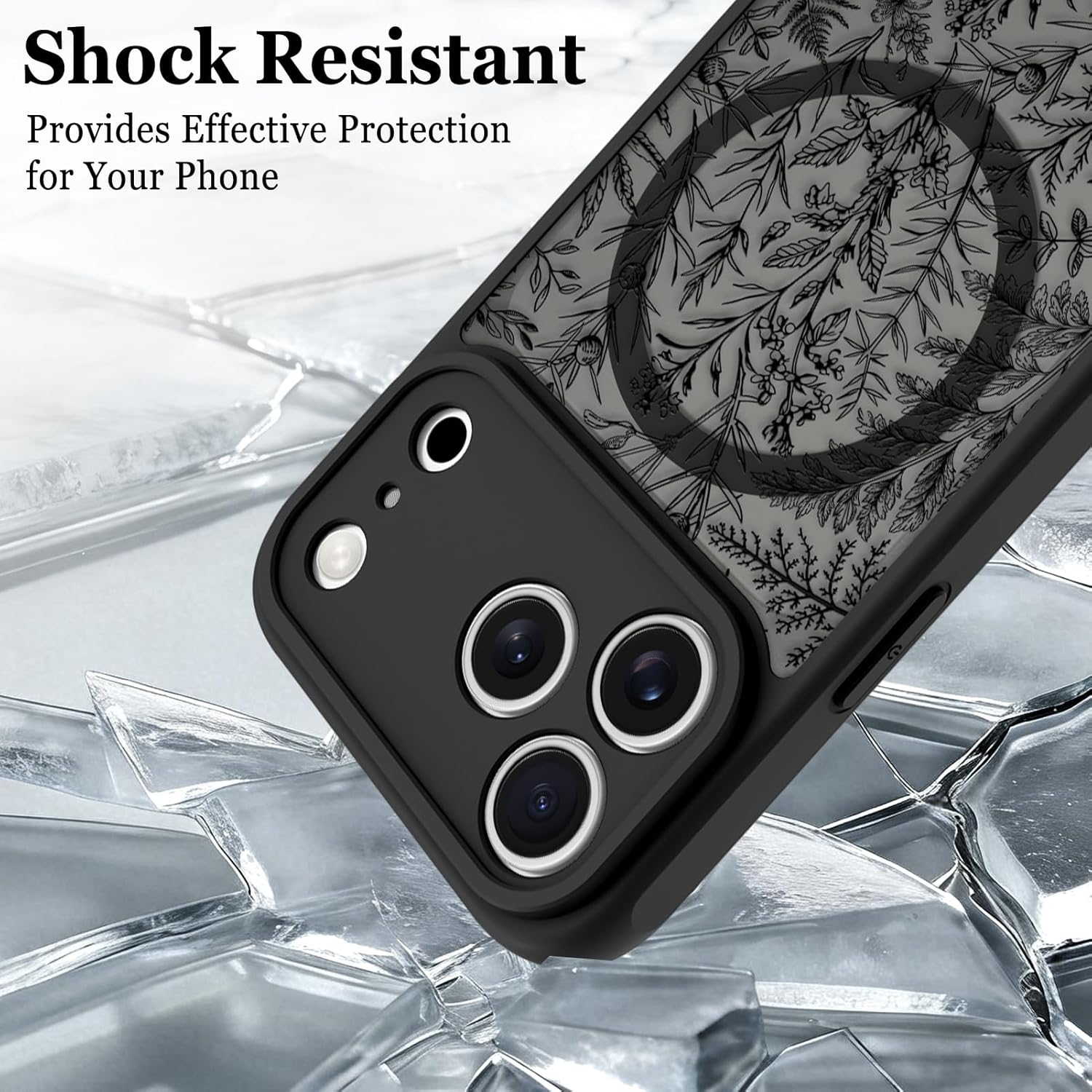 Magnetic for iPhone 17 Pro Max Case, Compatible with Magsafe, Cute Sage Flower Floral Design for Women Girls, Translucent Matte Camera Protection Shockproof Phone Cover, Black