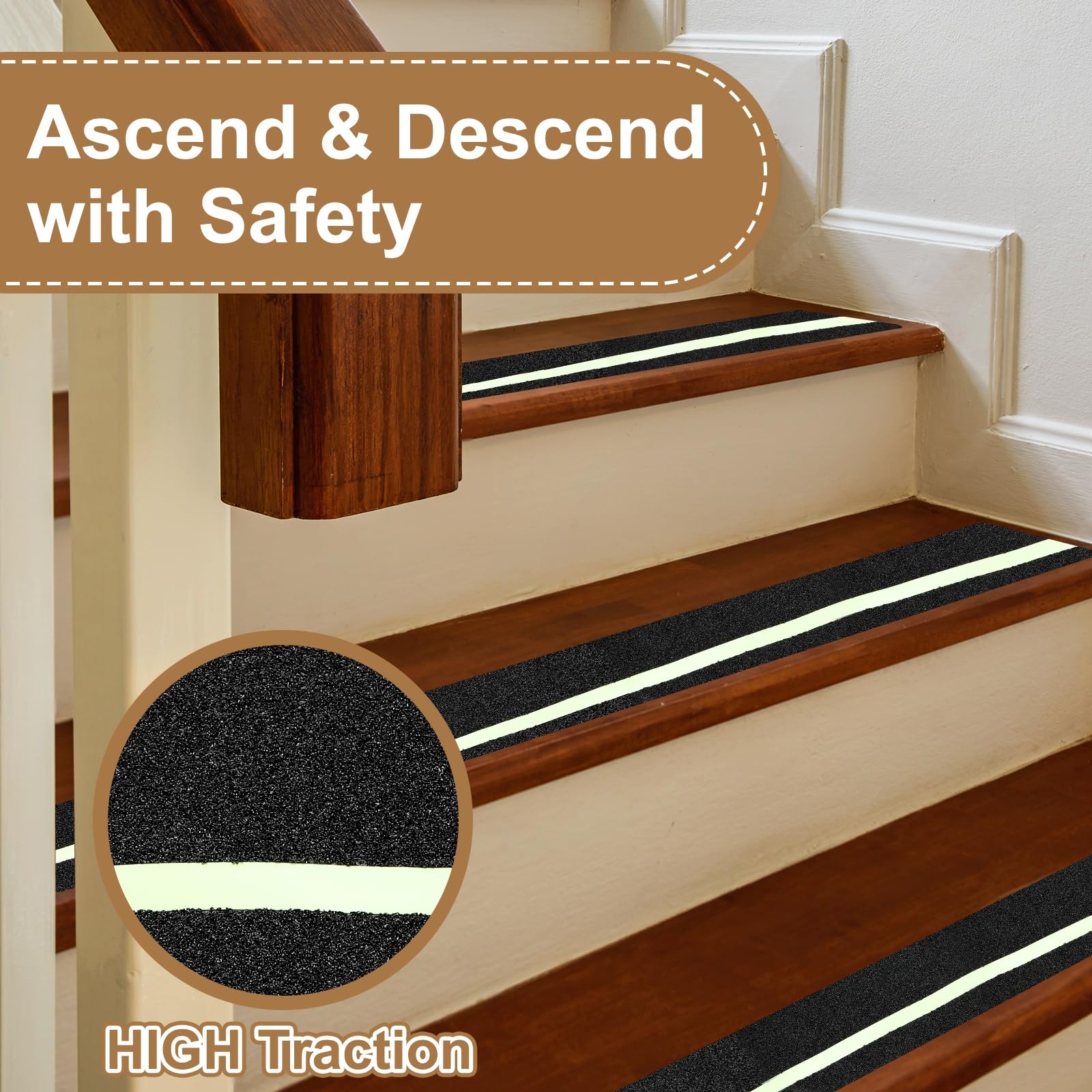 PATIKIL 15x61cm Cinta Antideslizante Para Escalones Negra, Paquete De 25 Tiras Autoadhesivas Antideslizantes Con Franja Verde Fosforescente De 6mm Para Escalones De Madera