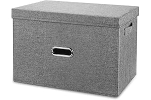 Large Linen Collapsible Storage Bin with Handles and Lid (Grey, 11x14 Inches)
