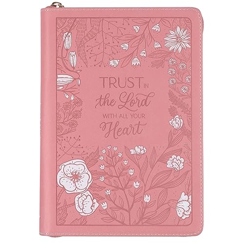 Christian Art Gifts Pink Vegan Leather Zipped Journal, Inspirational Notebook Trust in the Lord Scripture, Flexible Cover, 336 Ruled Pages, Bookmark, Proverbs 3:5 Bible Verse