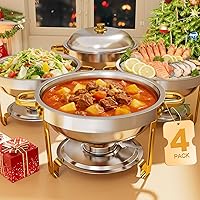 LEDLAY 6QT Stainless Steel Chafing Dishes Buffet Set 4-Pack, Round Food Warmers with Smooth Edges Golden Silver for Parties Weddings