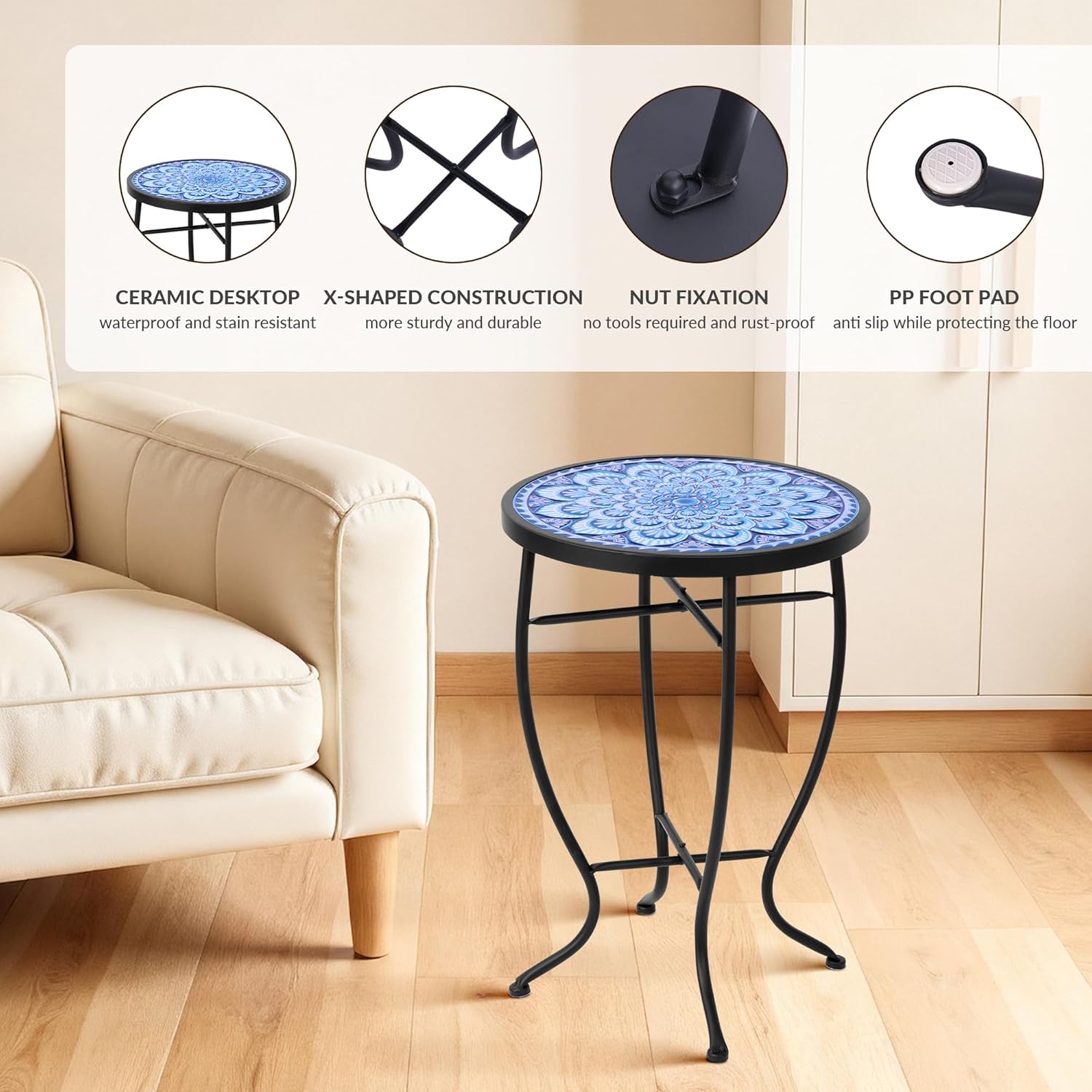 Elevon 14 Inch Round Side Ceramic Tile Top Indoor and Outdoor Accent Table, Greek