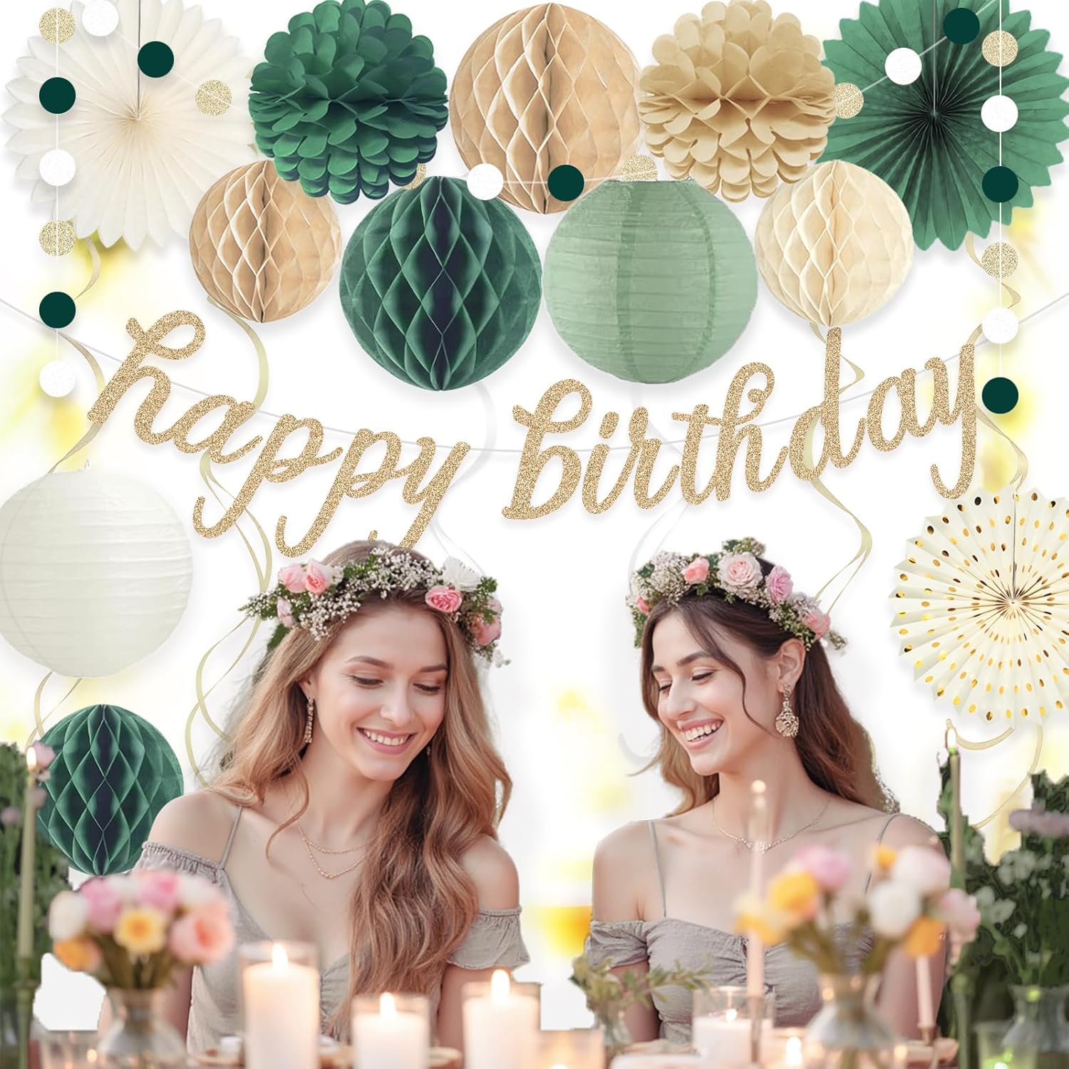 sage green happy birthday decorations, pre-strung happy birthday banner with honeycomb balls, paper flowers, lanterns, hanging swirls, circle dots garland for birthdays party decorations 24pcs