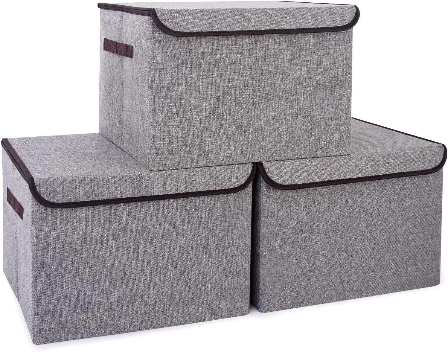 Bagnizer Large 17" 42 Quarts Collapsible Stackable Storage Bins with Lids [3-Pack] Foldable Fabric Linen Storage Boxes Cube, Closet Organizer Baskets with Label for Home (16.7 x 12 x 12, Gray)