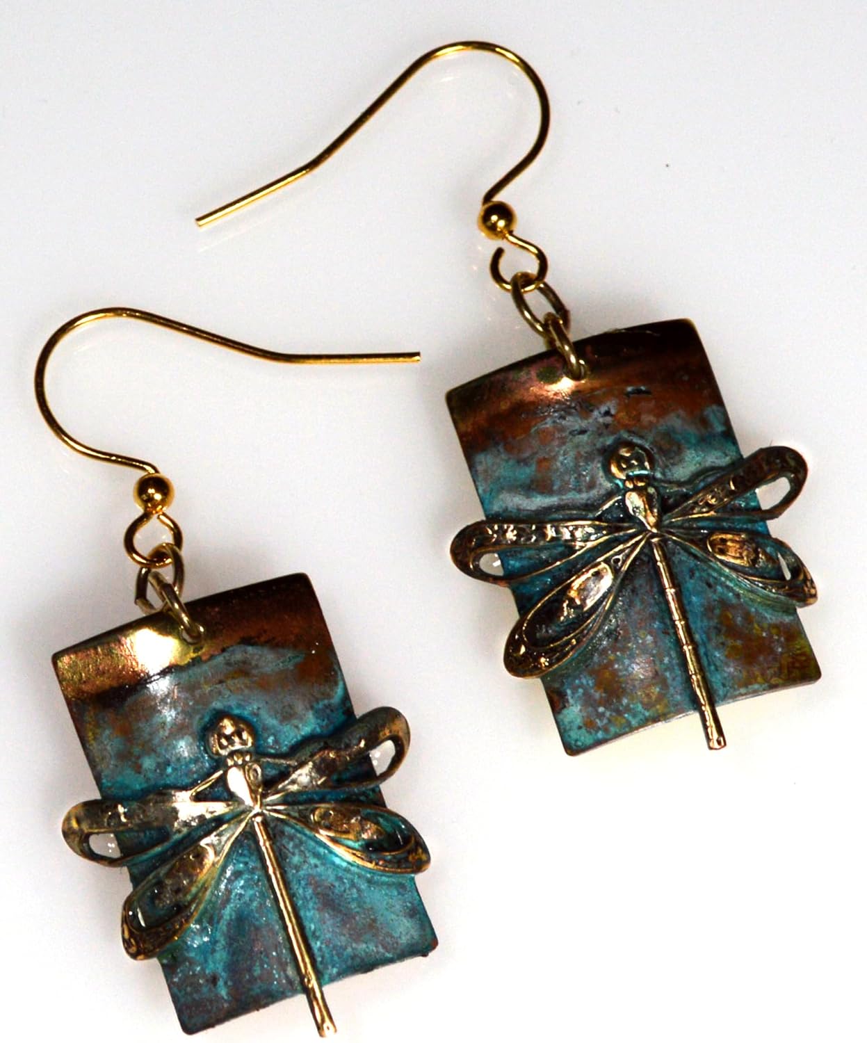 Verdigris Patina Solid Brass Dragonfly on Barrel Shaped Rectangle Dangle Earrings - USA Made