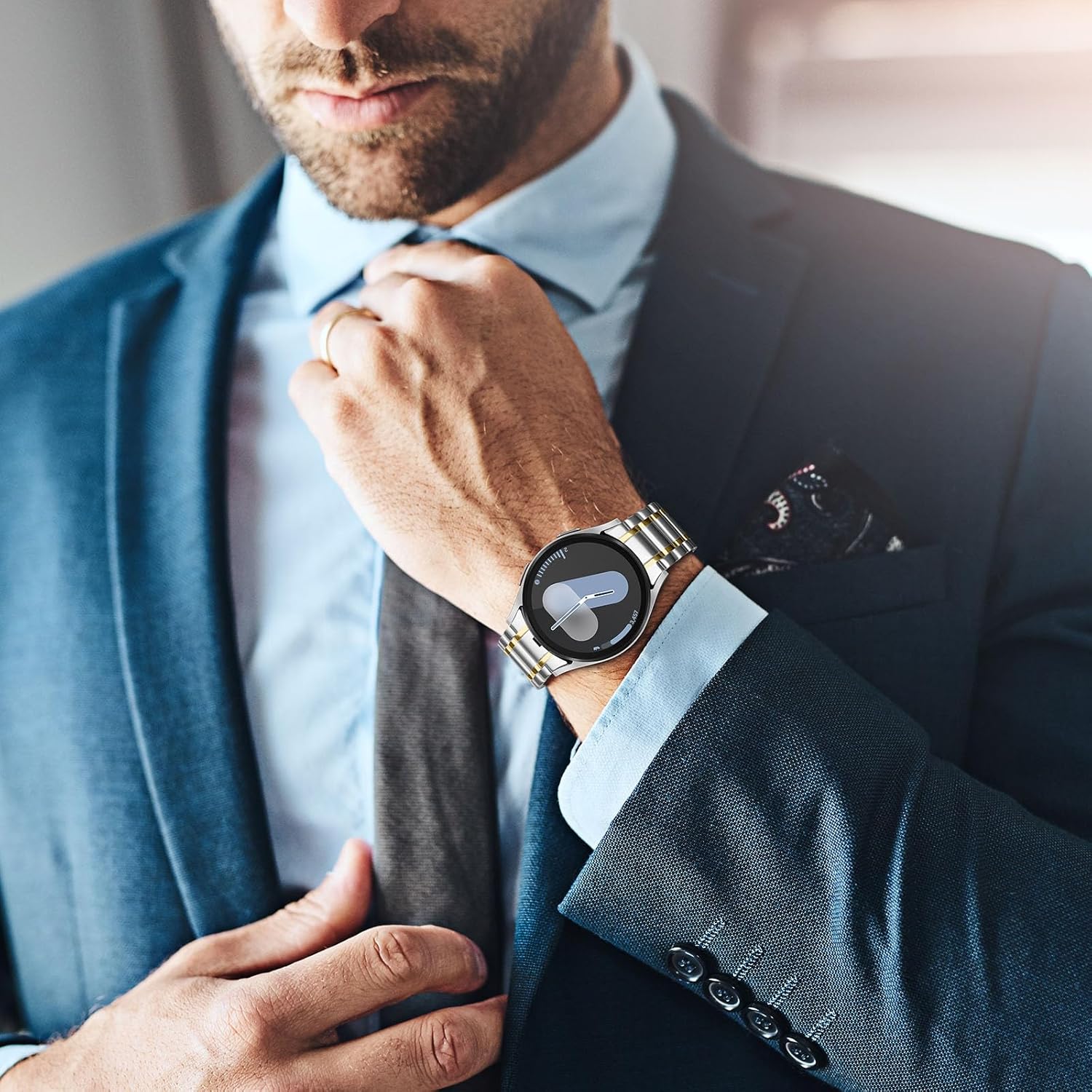 HITZEE Stainless Steel No Gap Bands Compatible with Samsung Galaxy Watch 7/6/5/4/FE Band 40/44mm/Watch 6 Classic 43/47mm/Watch 5 Pro, Samsung Watch Metal Band Strap Designed for Men/Women, Silver Gold - Image 7