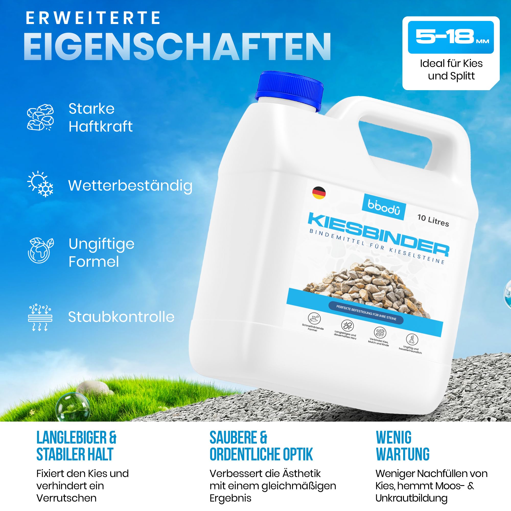 Kiesbinder 10 L | Reparateur für Kieselsteine | Widerstandsfähiges Kies Reparateur Aussen Frostsicher | Perfekt für Kies, Steine und Mulch | Für Wege, Terrassen und Außenbereiche
