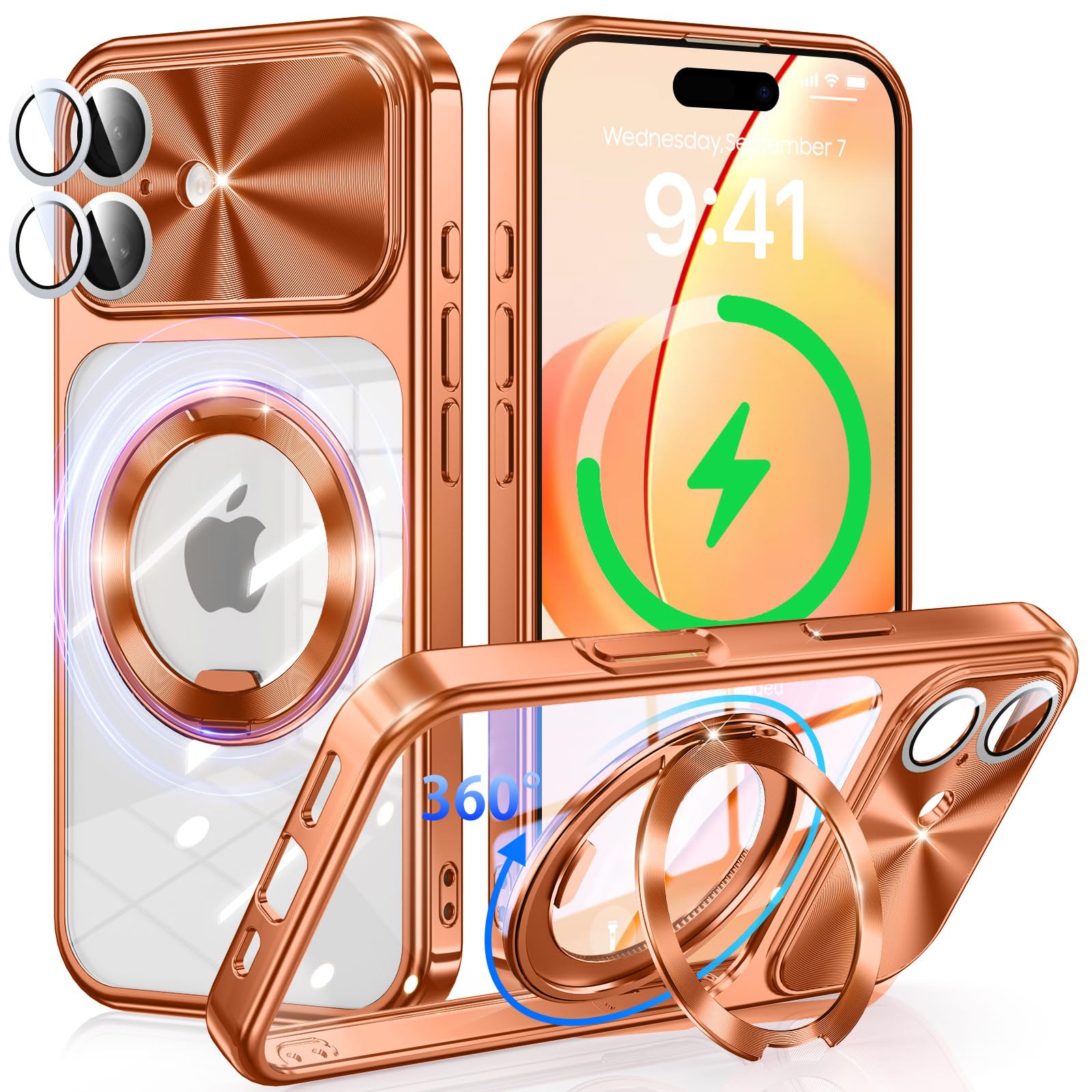 iPhone 17 用 ケース MagSafe対応 【回転歯車音CD模様リング付き+一体型CD模様カメラレンズ保護】 360度回転スタンド 縦横両対応 電気メッキバンパー OURJOY スマホケース アイフォン17 クリア カバー 米軍規格 耐衝撃 マグネット搭載 ワイアレス充電対応 透明 薄型 おしゃれ・オレンジ