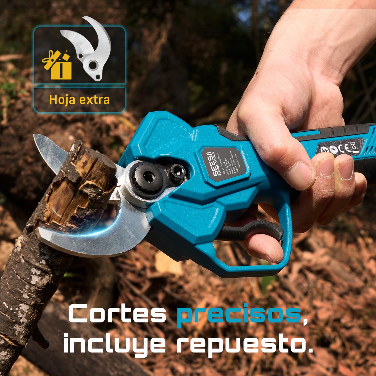 SEESII Tijeras de Podar Eléctricas 40 mm – Tijeras de Podar Batería con 2 * 4000 mAh, Hoja SK5, Motor sin Escobillas, Pantalla LCD para Jardinería, Paisajismo y Huertos, CS440