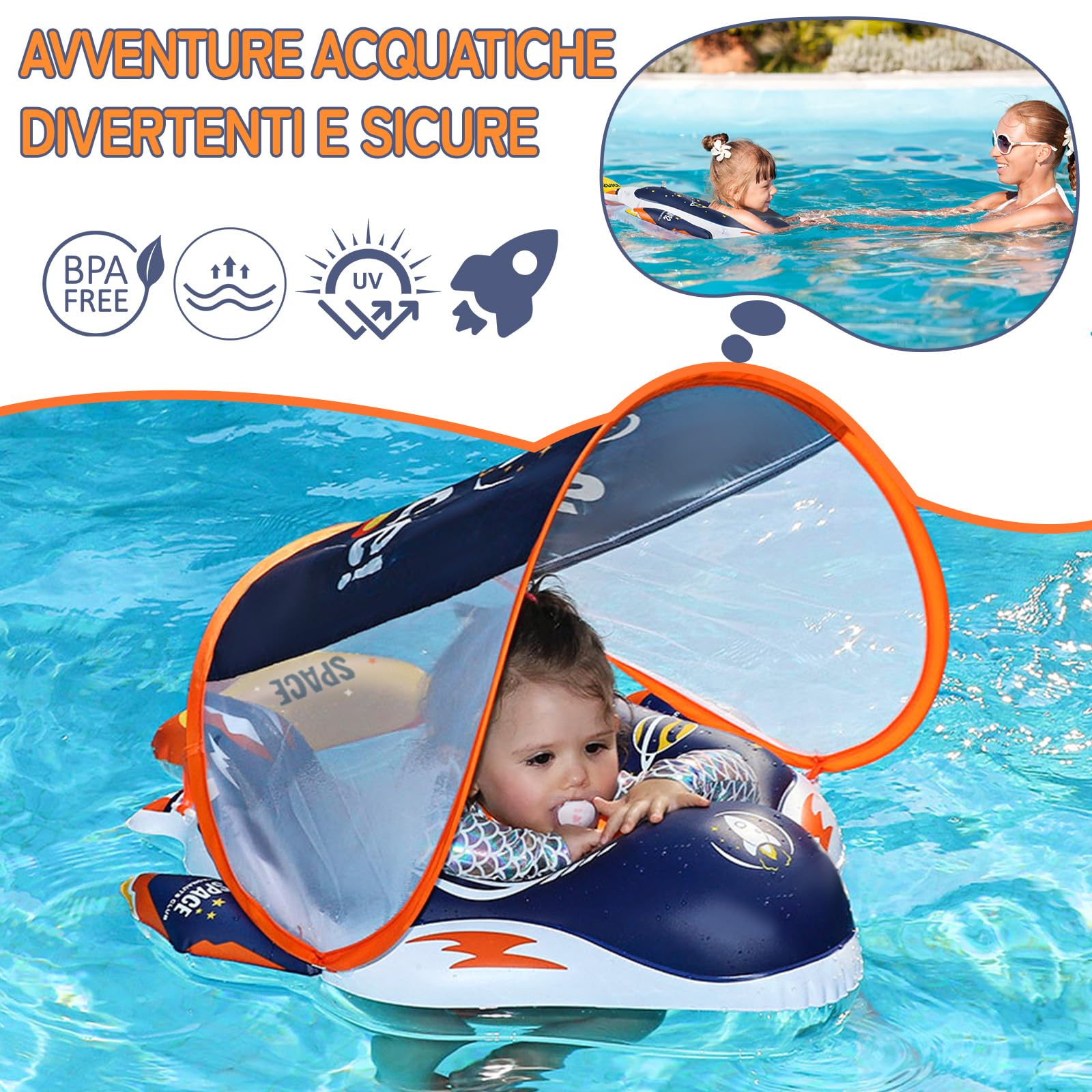 IEEILULU Salvagente Neonato, Salvagente Neonato con Parasole e Seggiolino, Ciambella Mare, Galleggiante per Bambini Ciambella Gonfiabile per Piscina, Spiaggia, Vacanze da 6 a 36 Mesi