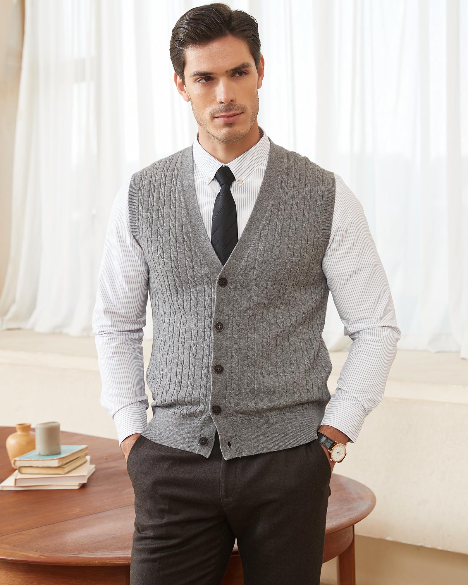 Kallspin Cardigan Homme en Mélange de Laine sans Manches et Col en V Tricoté avec des Boutons