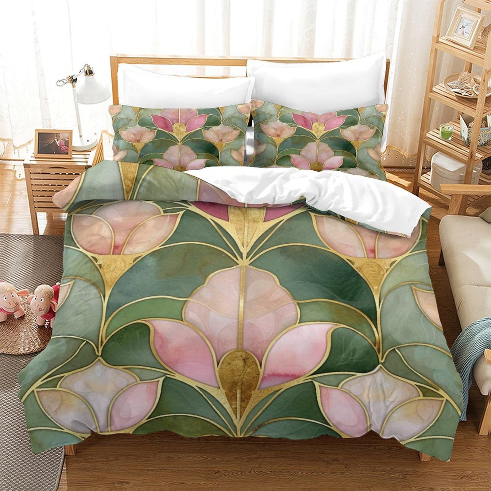 P1S9U7W5Y 3D Printed Botanical Flowers Duvet Cover Set 3pcs Microfiber Green Leaf Floral Bedding Set King（220x240cm）