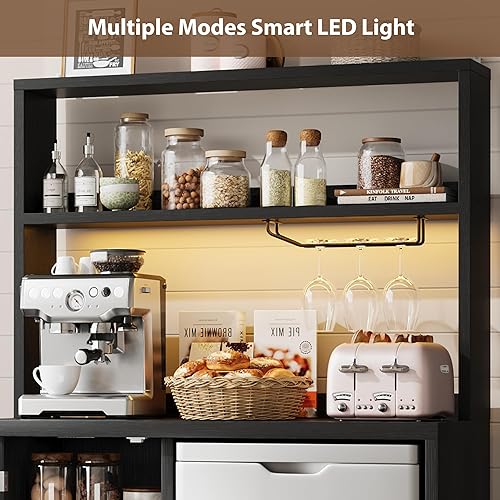 Miniatura 7 de Armario de barra de café con espacio para refrigerador, mini gabinete de nevera con tomas de corriente y soporte para vidrio, mini soporte para