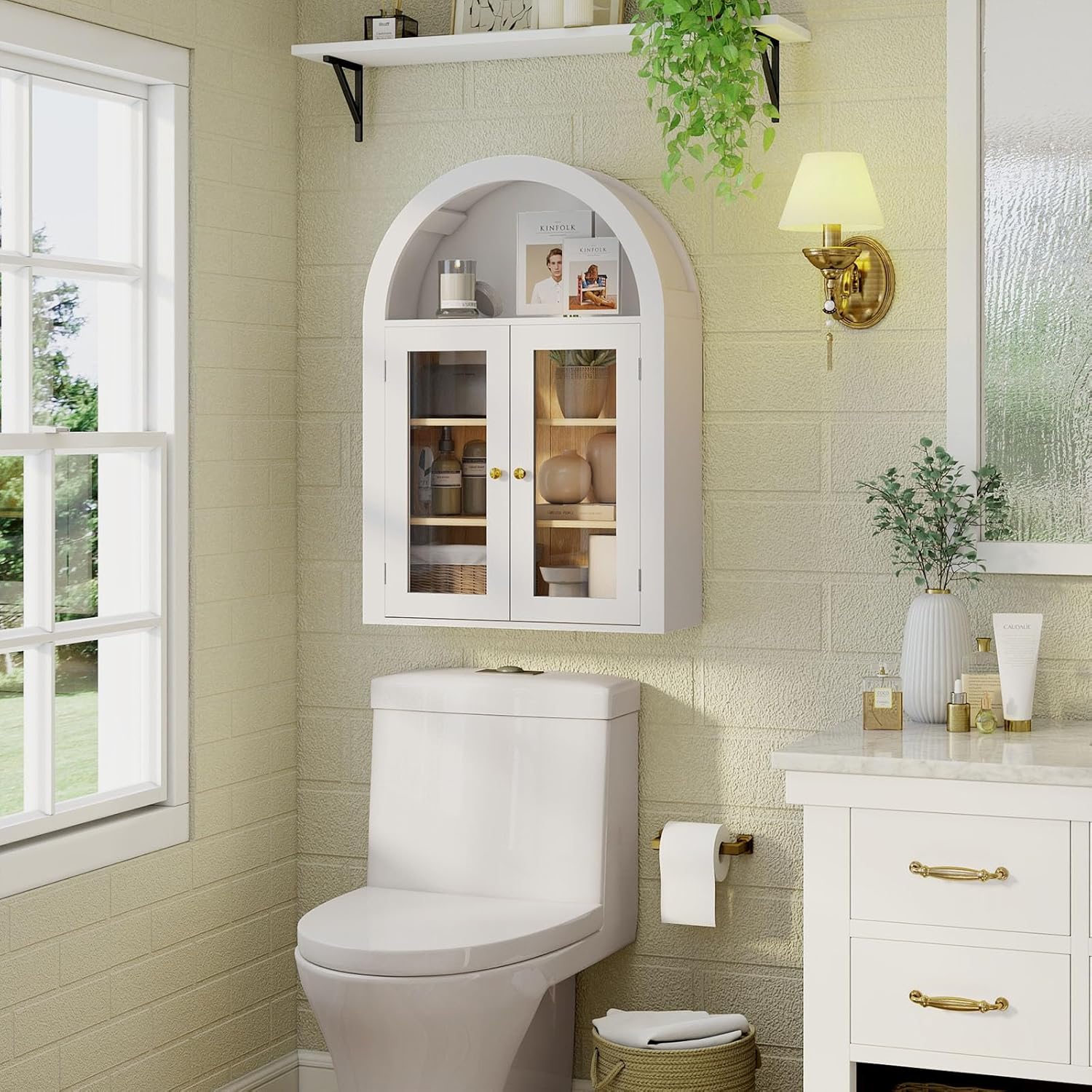 EAG Arched Wall Cabinet, Bathroom Medicine Cabinet with Glass Doors & Adjustable Shelves, Floating Storage Cabinet for Wall Over The Toilet Storage Cabinet Space Saver, White