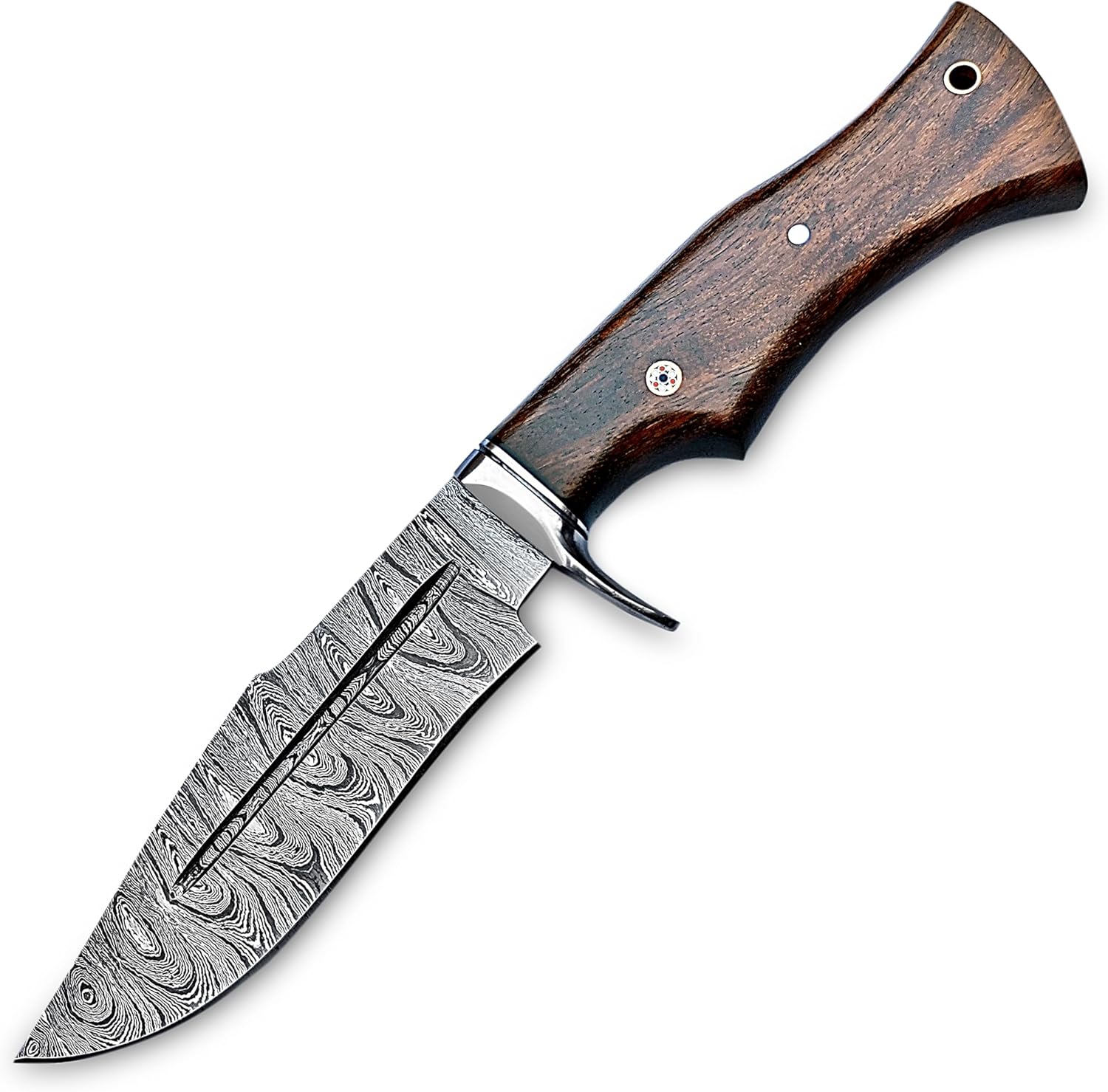 Handmade Damascus Hunting Knife with Leather Sheath – EDC Fixed Blade Bushcraft Tool with Wood Handle – 10” Skinning Blade for Hunting, Skinning, Camping, and Outdoor Use