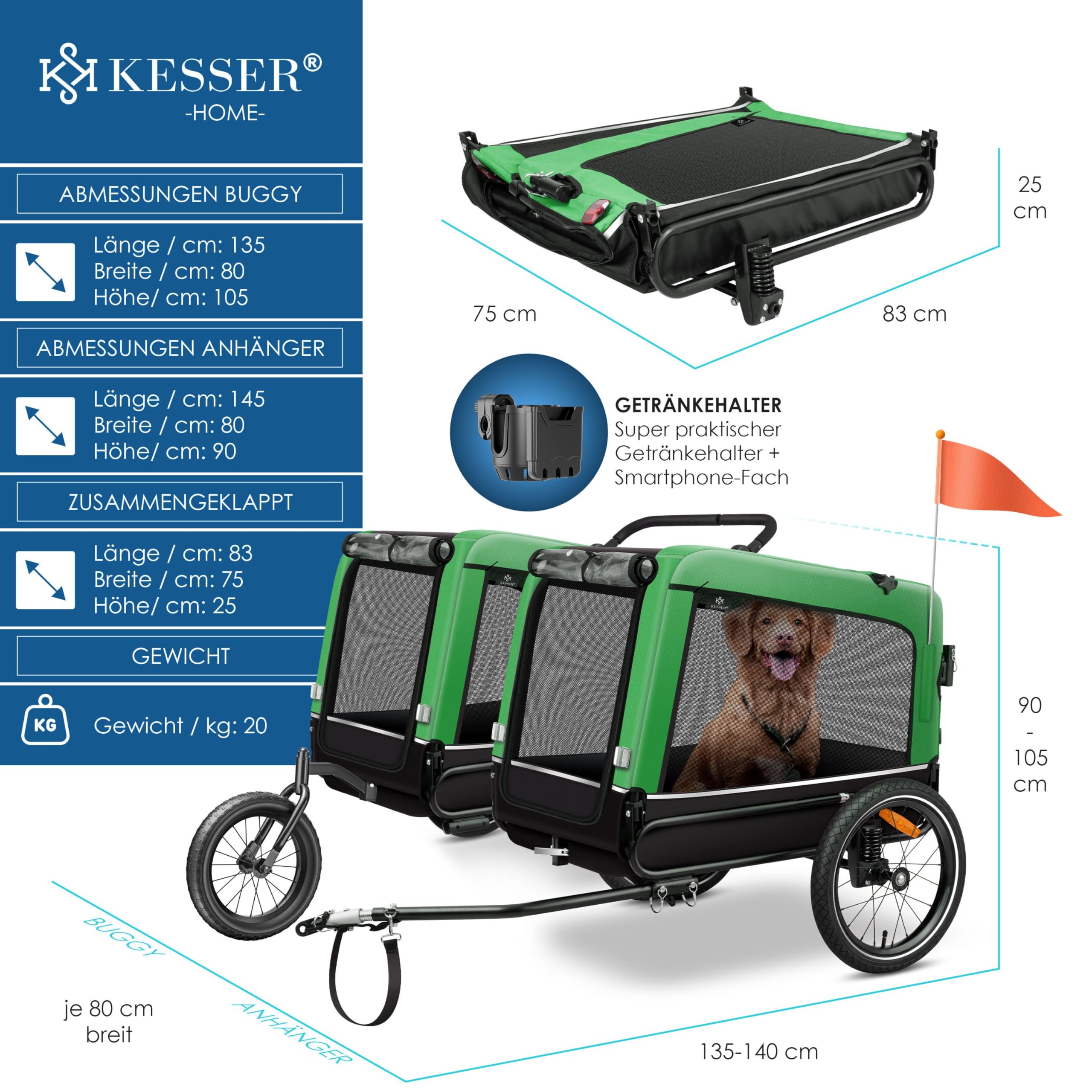 KESSER® Boxer 3-in-1 Rimorchio per Cani, circa 240 Litri di Volume, Tela Oxford 600D, SmartSpace Concept, max. 40 kg incluso Supporto per Bevande e Smartphone, molleggiato