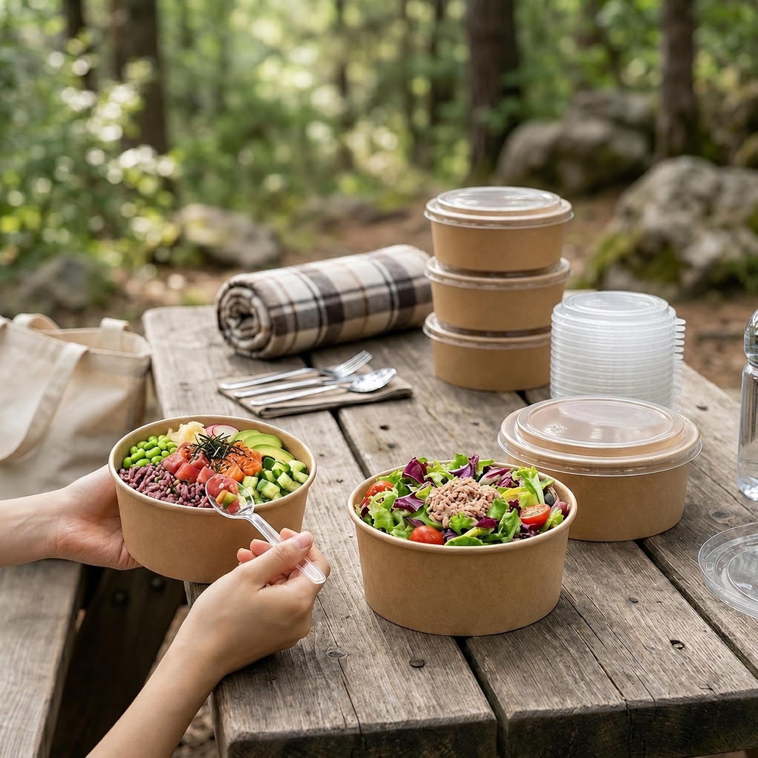 Jijukor 50 oz Kraft Paper Disposable Food Containers with Lids (20 Pack), Round Natural Brown Salad Bowls for Meal Prep, Takeout, Catering and Food Storage