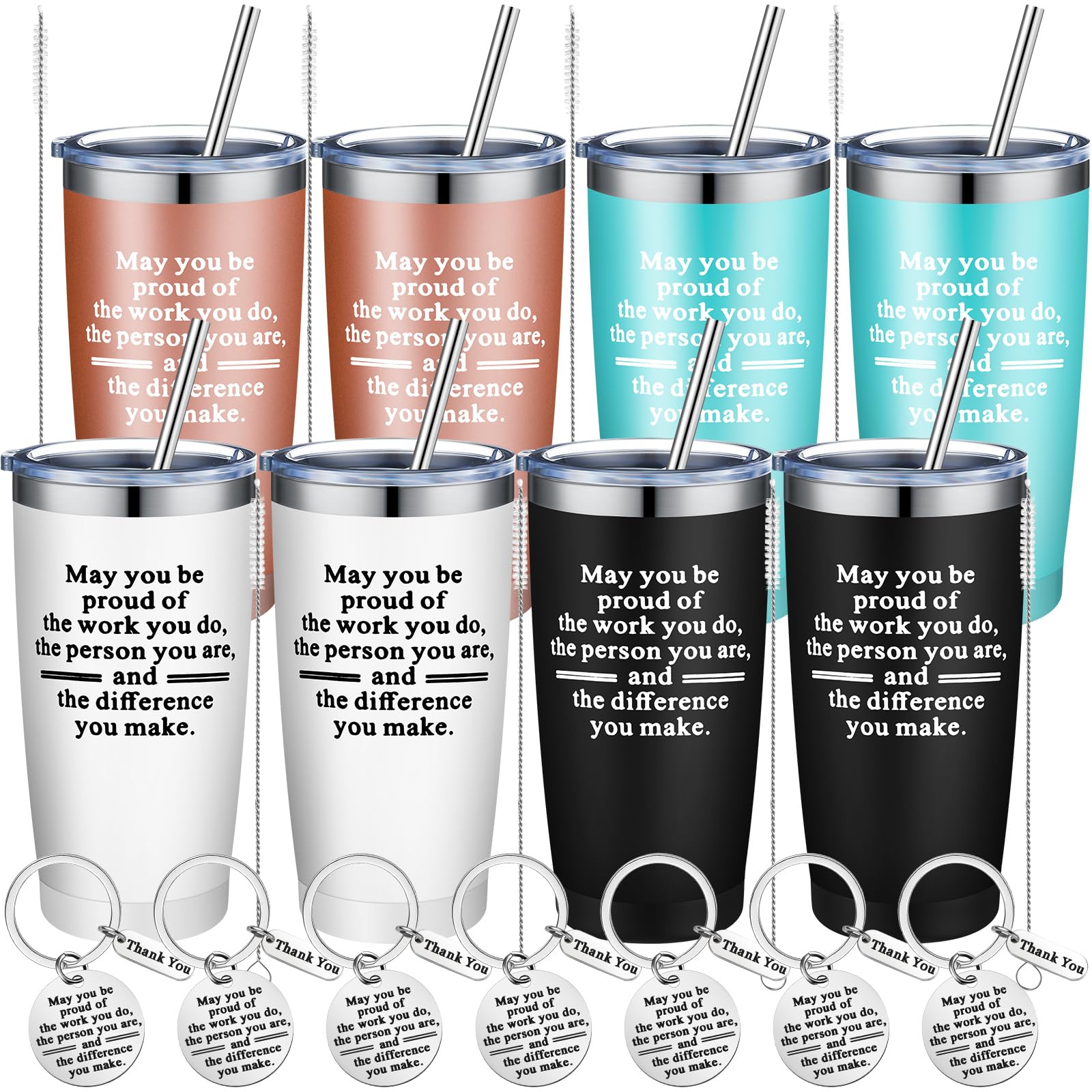 8 Pcs Thank You Gifts May You Proud Tumbler Appreciation Gift, 20 oz Stainless Steel Insulated Tumbler with 8 Pcs Keychain Lid Straw Brush for Christmas Inspirational Gifts Coworker