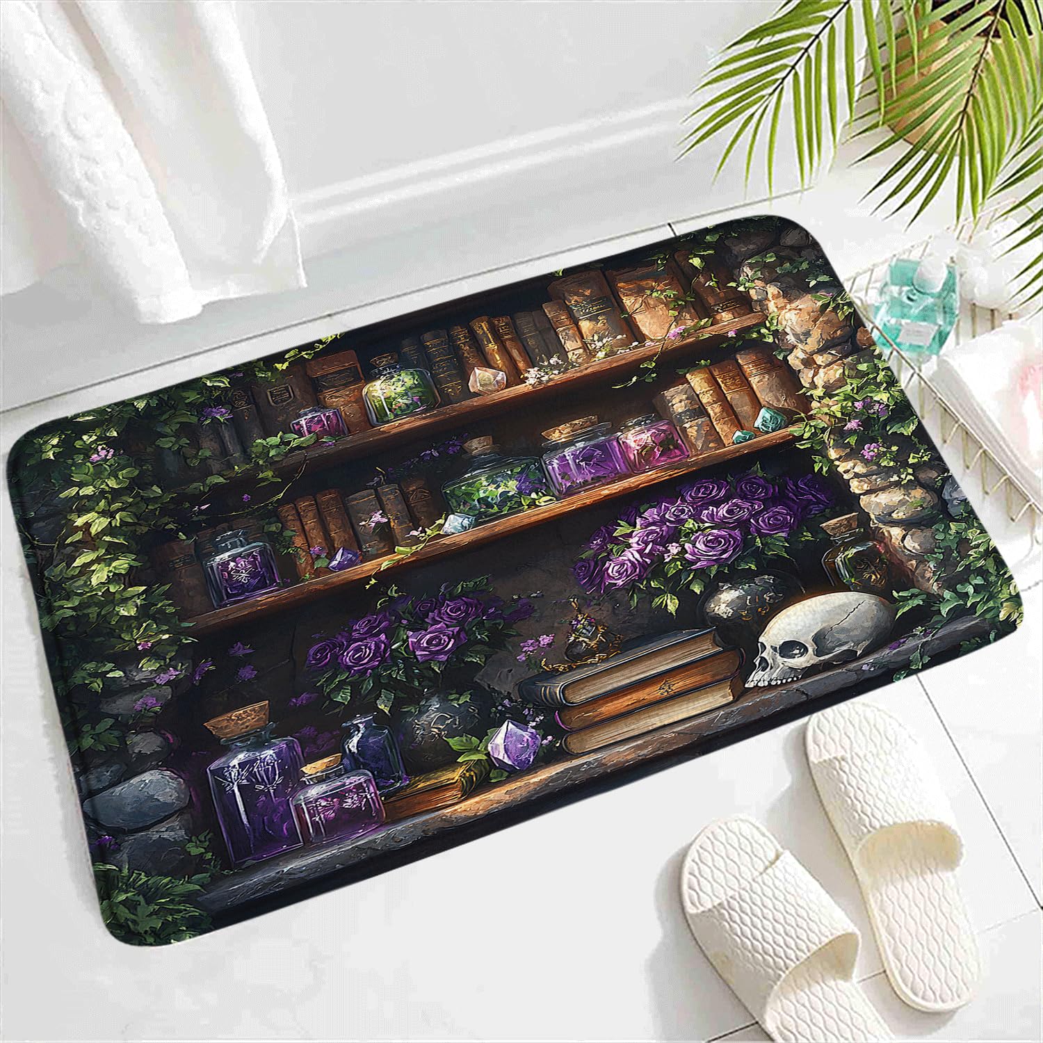 Gothic Bookshelf Bath Mat,Spooky Skull Retro Wizard Magic Bookcase Purple Rose Floral Bottle Green Plant Rugs Non-Slip Bathroom Mat Rugs Bath Mats