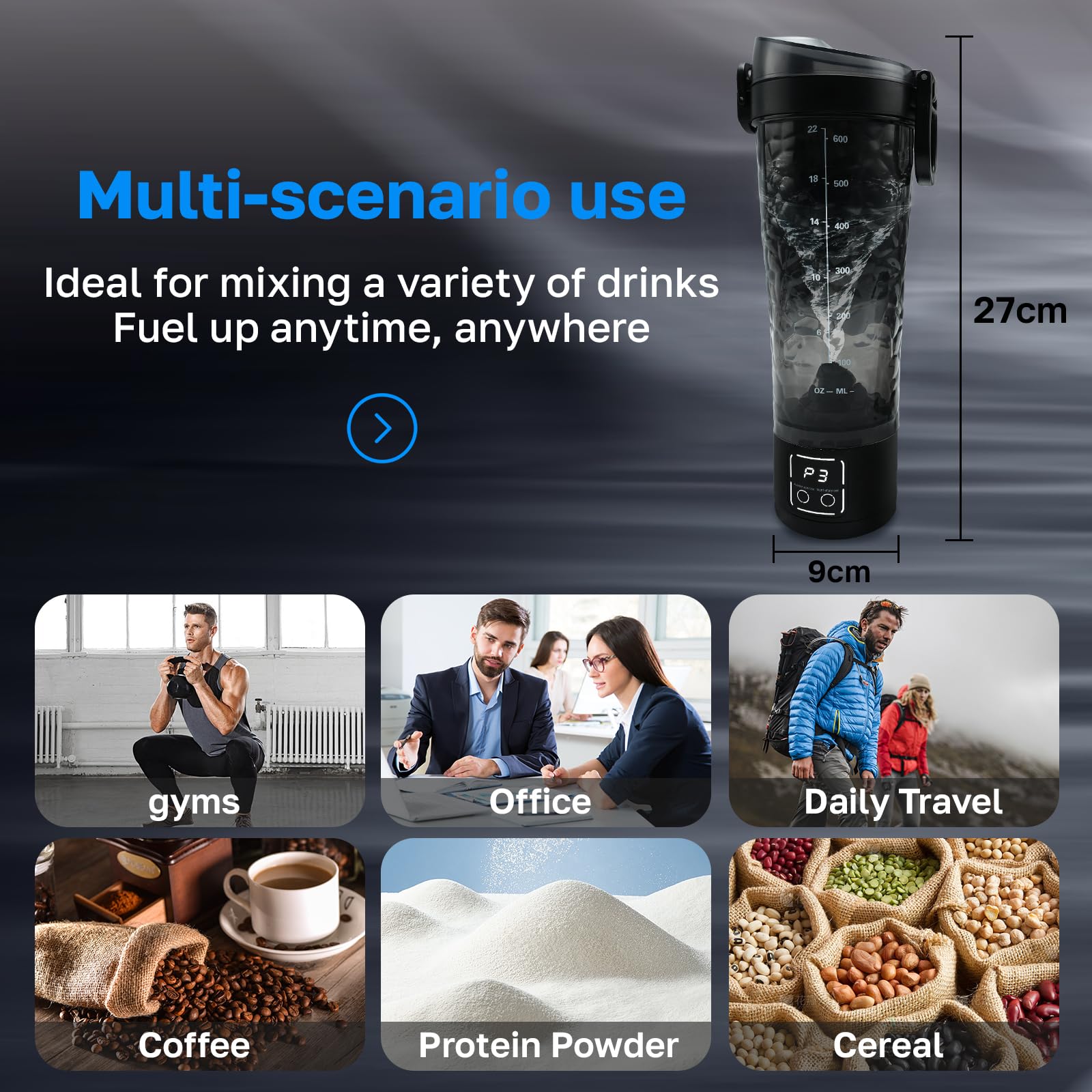 Bottiglia shaker elettrica per proteine, 700 ml, ricaricabile tramite USB, portatile, frullatore, 15 secondi, senza grumi, a tenuta stagna e silenziosa, per palestra/viaggi (nero)