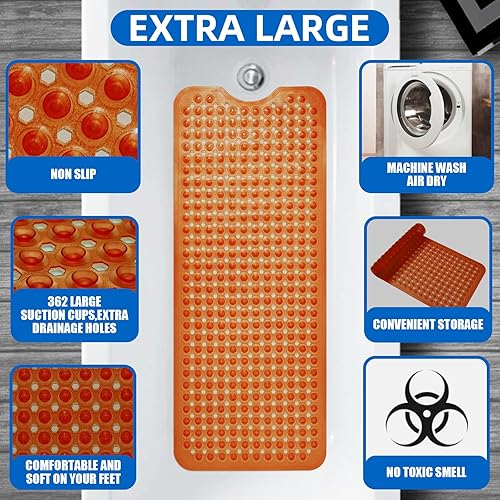 Miniatura 3 de ZHICHENG Tapetes para bañera y ducha, antideslizante, 39 x 16 pulgadas, extra larga, lavable a máquina, con orificios de drenaje, ventosas para baño