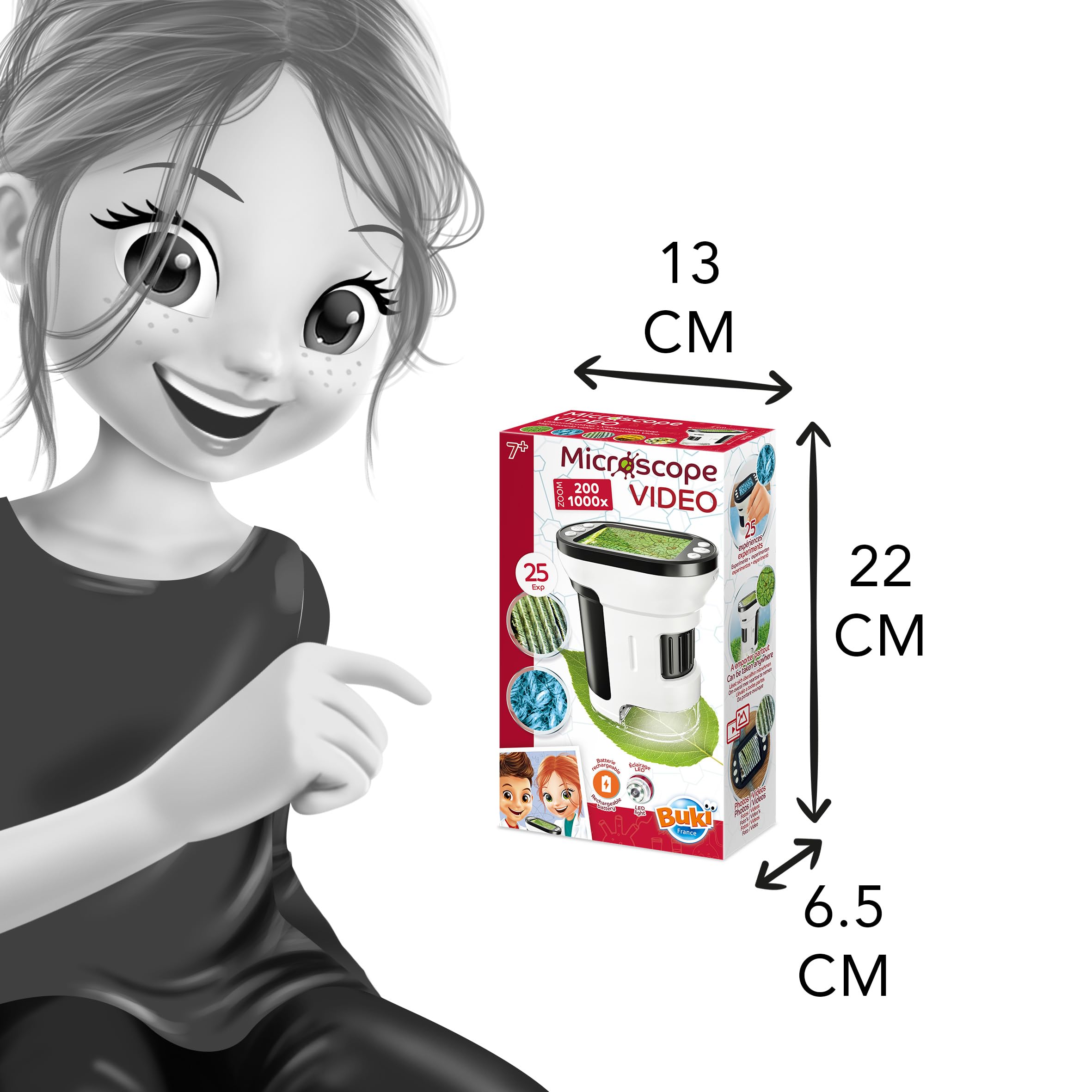 Microscopio video 200X a 1000X per bambini – Display 5 cm – LED integrato – Foto & Video – 25 esperienze incluse – Batteria ricaricabile USB – dai 7 anni – MR350 – BUKI France