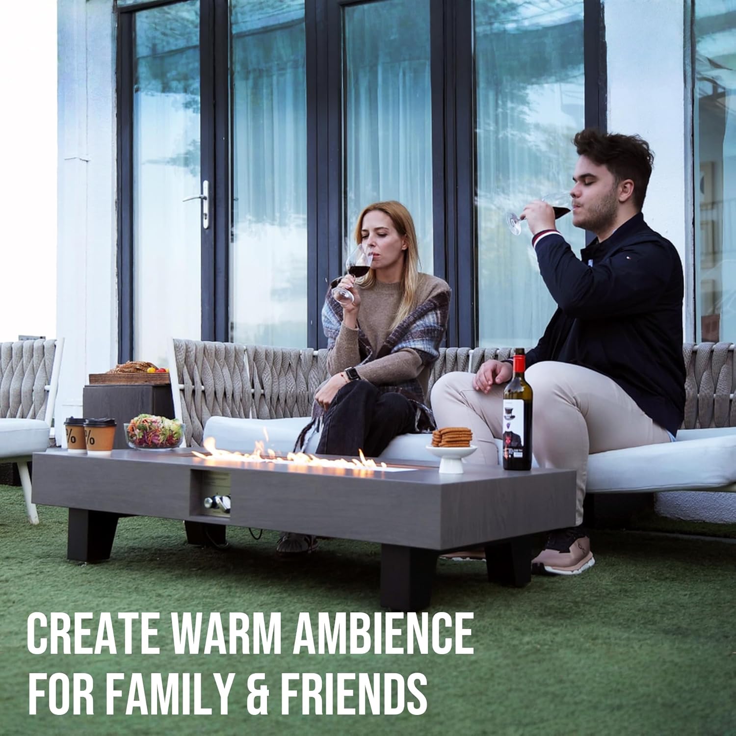 54”Propane Fire Pit,Outdoor Gas Fire Pit Table with Rain Cover,Rectangular Heater for Patio, Backyard, Deck,50,000BTU Outdoor Modern Patio Fire Pit. (Wood)