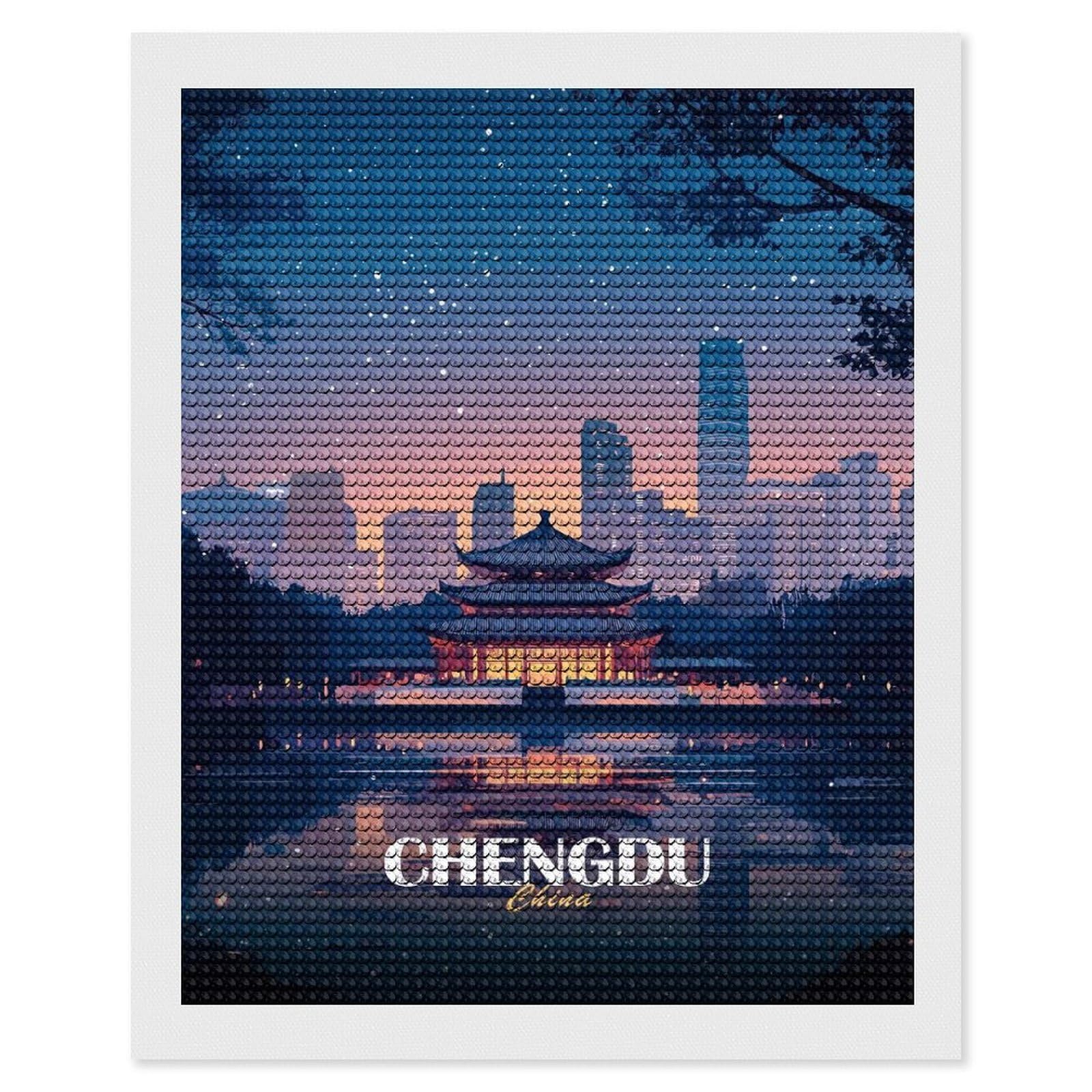 Junmoney Chengdu China Cityscape at Night Diamond Painting Canvas Kit 16"x20", Adhesive Canvas, Christmas Gift, Full Kit Included, Thoughtful Present