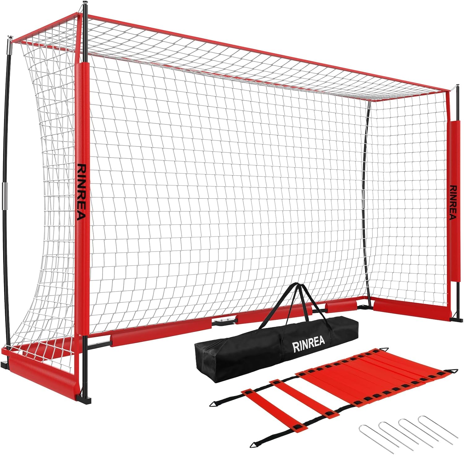 RINREA Portable Soccer Goal, Collapsible Soccer Goal Net Metal Base, Quick Setup Soccer Training Equipment with 1 Carry Bag, 1 Agility Ladder, 4 Ground Nails (Red)