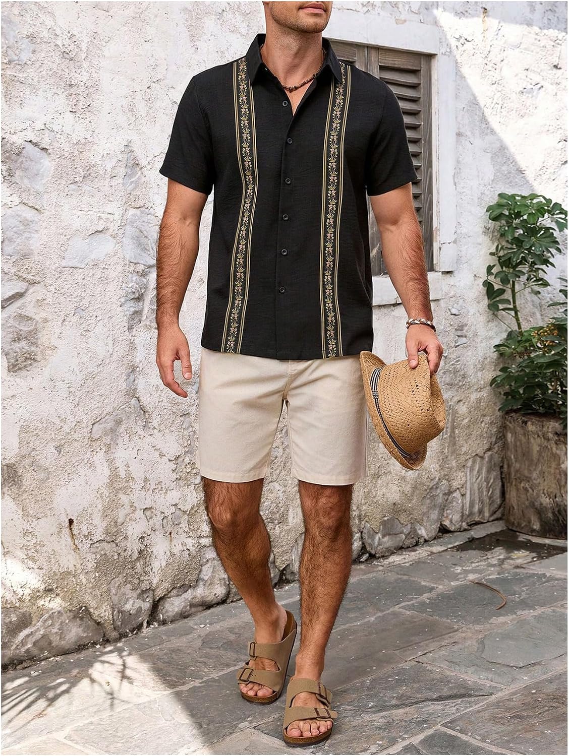 VIPWOLF Men's Mexican Guayabera Shirt Floral Embroidered Short Sleeve Button Down Beach Vacation Mexico Shirts