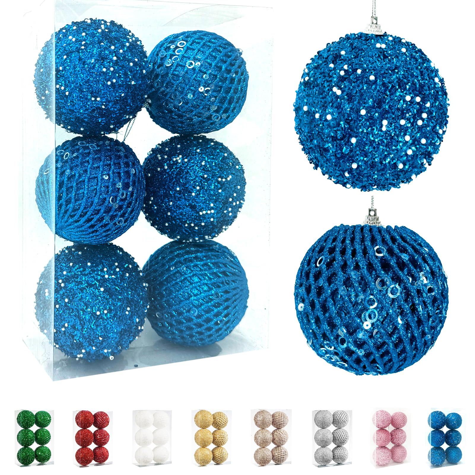 Fassory 6Pcs 10CM Blue Christmas Baubles Large Xmas Balls Hanging Ornaments for Christmas Tree Decorations (Blue, 10cm)