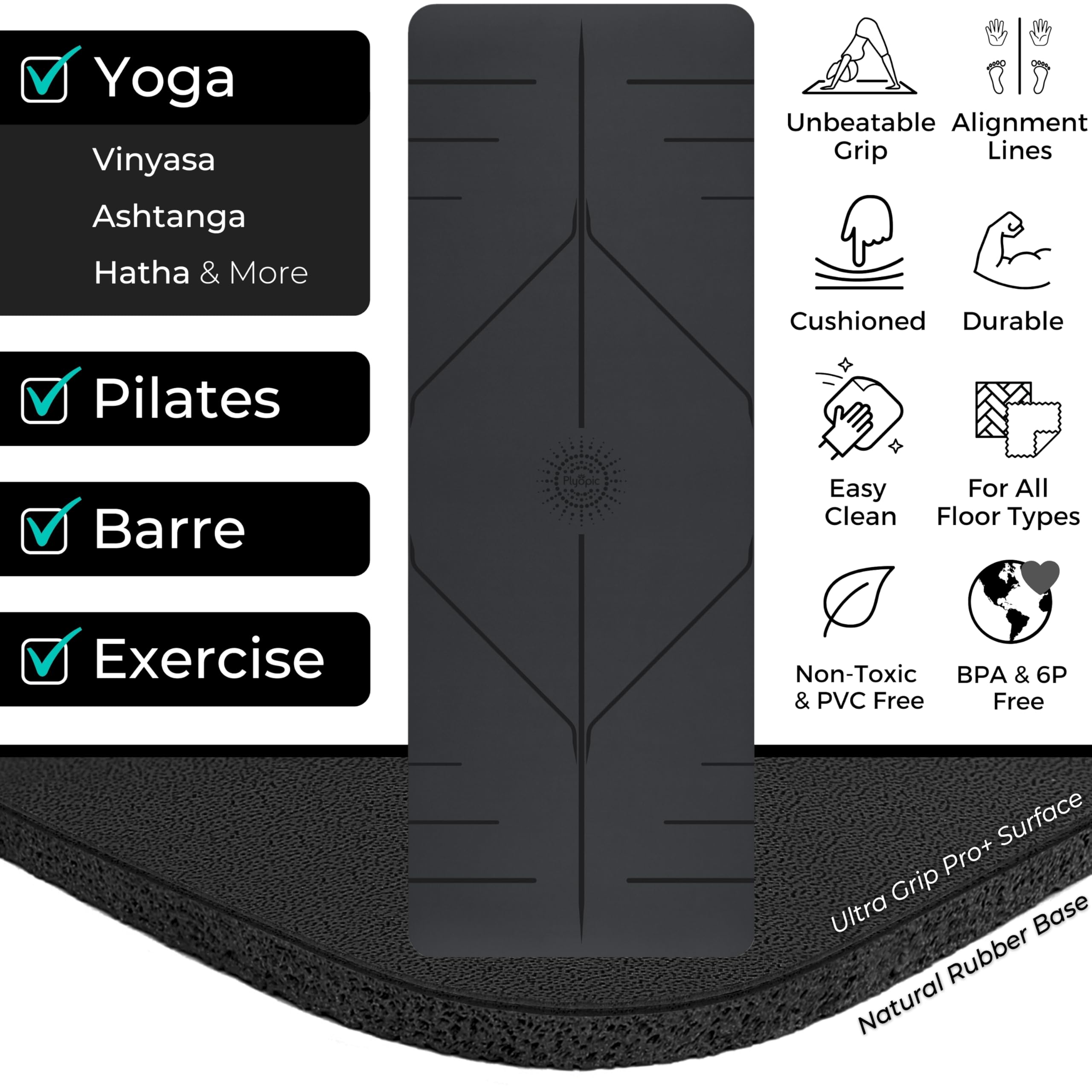 Plyopic. Ultra-Grip Pro+ Yoga Mat – EXTREME Non-Slip Performance - Alignment Lines - Thick & Comfortable - For All All Levels & Yoga Styles, Pilates, Exercise, Workout