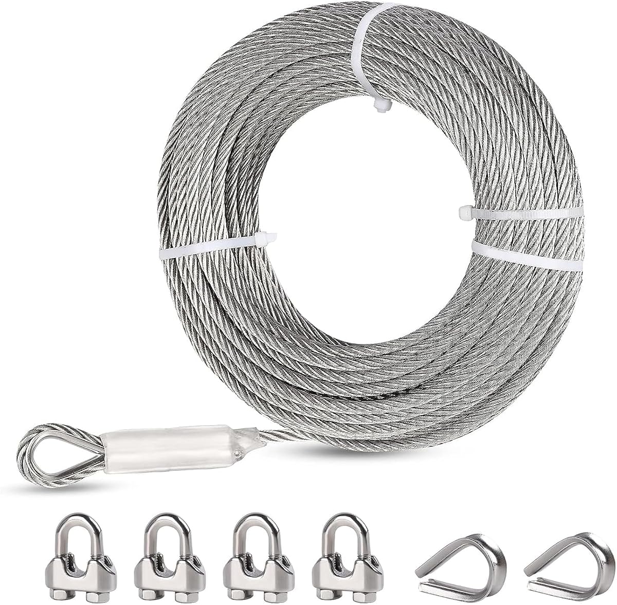 3/8" Stainless Steel Cable, 25FT Wire Rope, 7X 19 Strands Zip Line Cable with Clamps and Thimble, 12000lbs Breaking Strength, Steel Aircraft Cable for Yard Zipline, Winch Cable | Pre-Formed Eye Loop, 7X 19 Strands, 12000lbs Breaking Strength Heavy Duty Steel Cable for Zipline, Boat Lift, Winch & Rigging