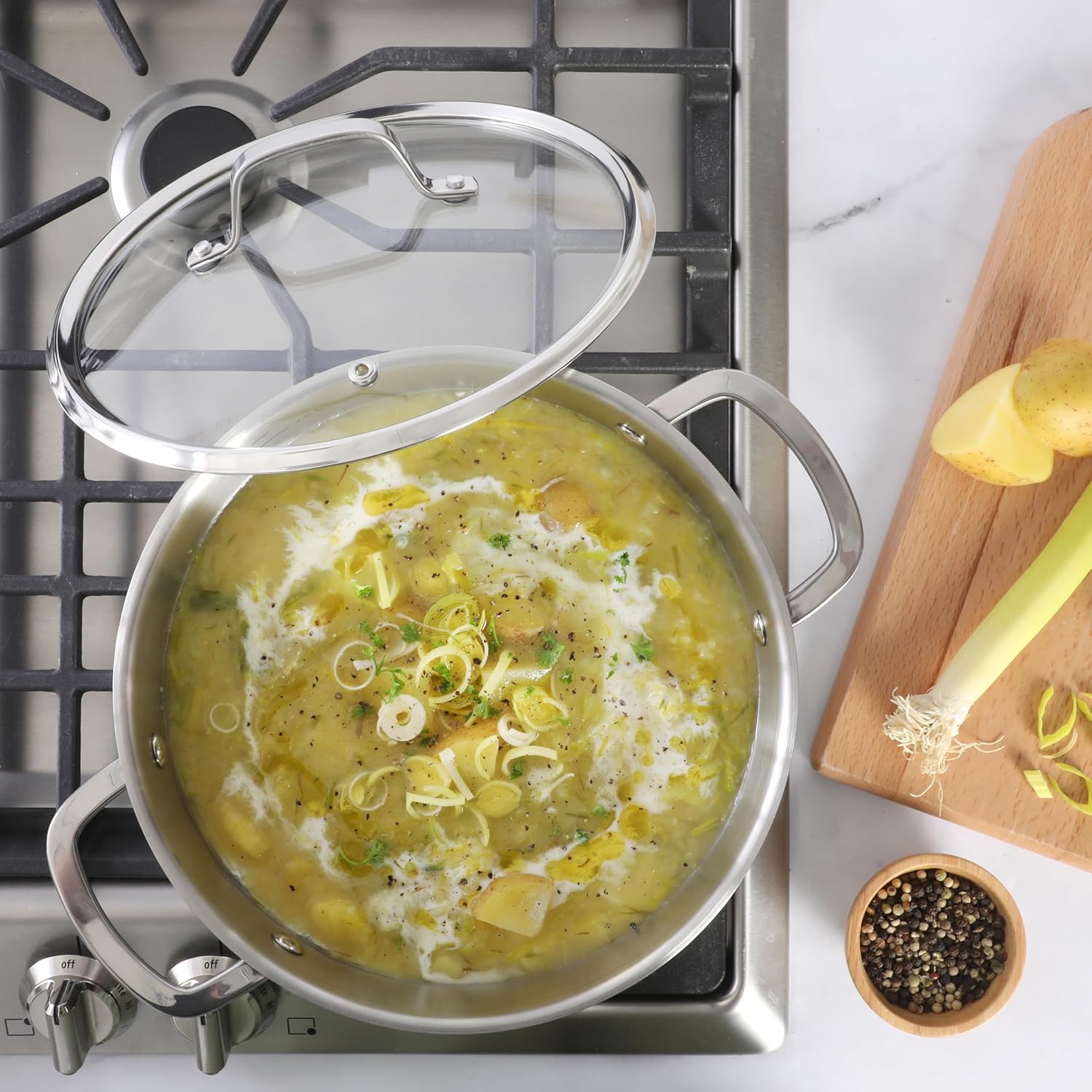 Sur La Table Kitchen Essentials Chef's Deck 3-Piece 5.3-Quart Stainless Steel Dutch Oven with Steamer Insert & Glass Lid – Induction Ready, Tri-Ply Base, Polished Finish & Hollow Stay-Cool Handles