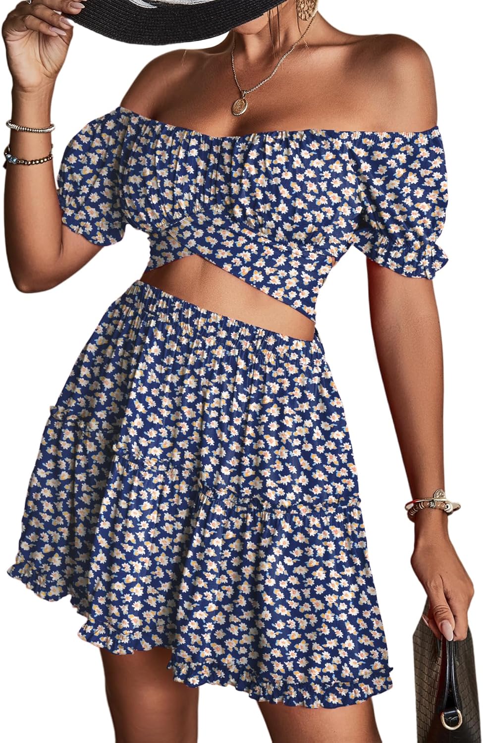LYANER Women's 2 Piece Outfits Floral Off Shoulder Tie Up Crop Top and Mini Skirt Set - Image 6