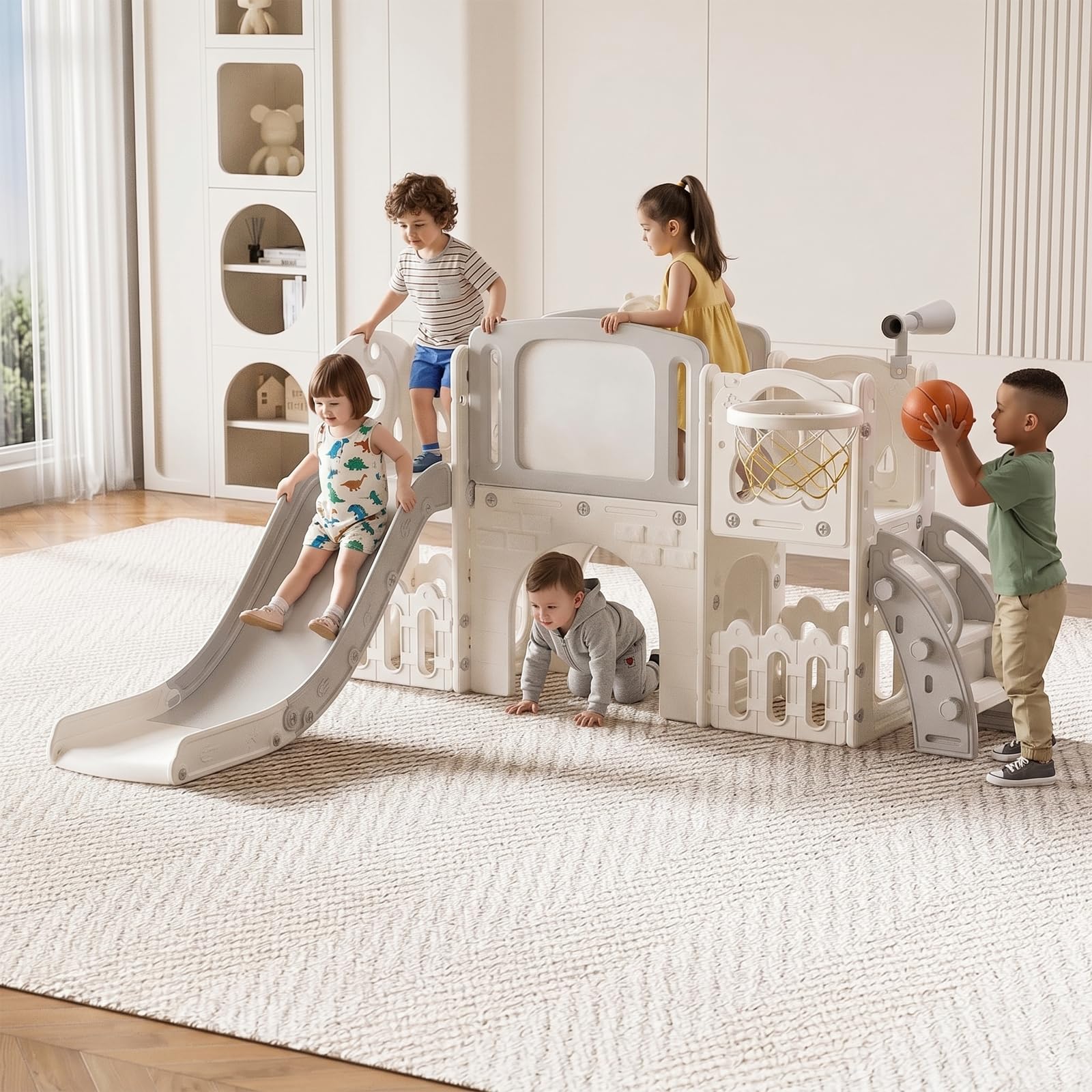 Magic ZC Babyrutsche lang, freistehende Rutsche für Kinder, Aktivitätszentrum für Spielplatz, Spielset für drinnen und draußen (XST Aisle Grey White)
