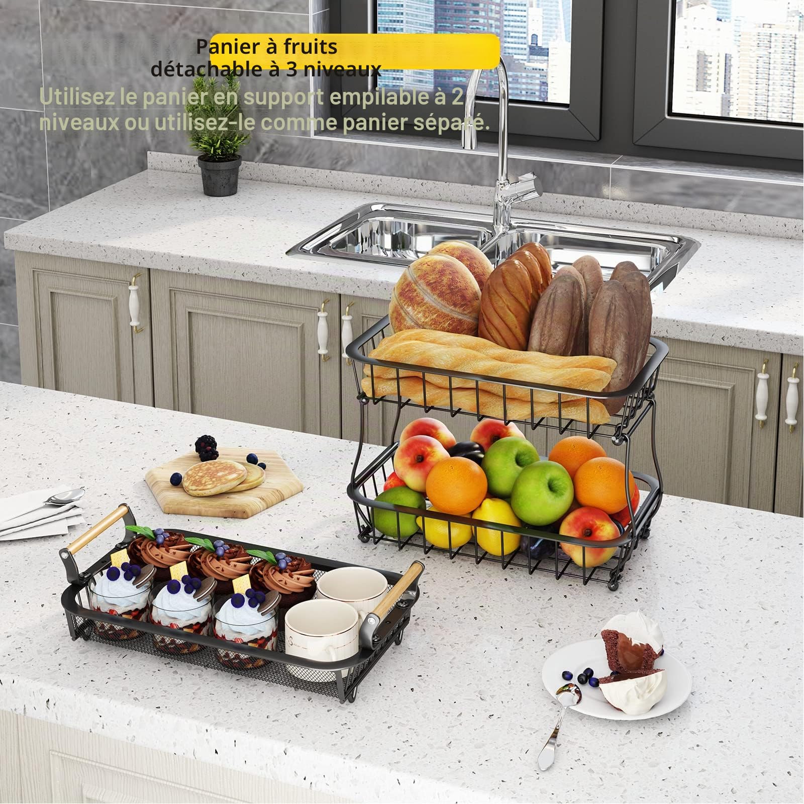 Panier à fruits à 3 niveaux avec 2 cintres pour bananes, panier à fruits et légumes pour comptoir de cuisine, panier en maille métallique, support de fruits pour oignons, collations et légumes, noir