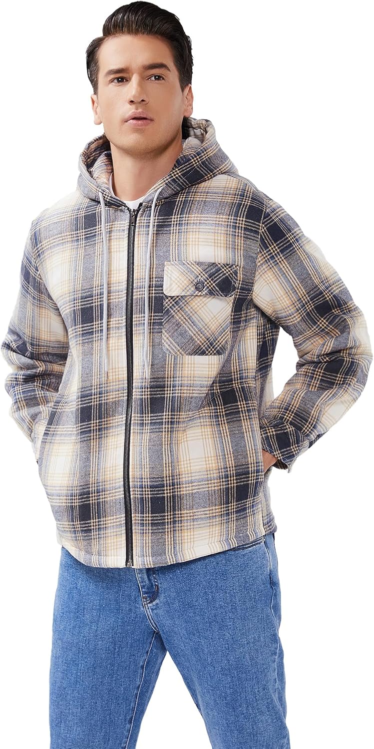Elesuit Men's Full Zip Fleece Flannel Jackets Shirt Plaid Cotton Hoodies Soft Warm Coat for Men with Hood - Image 2