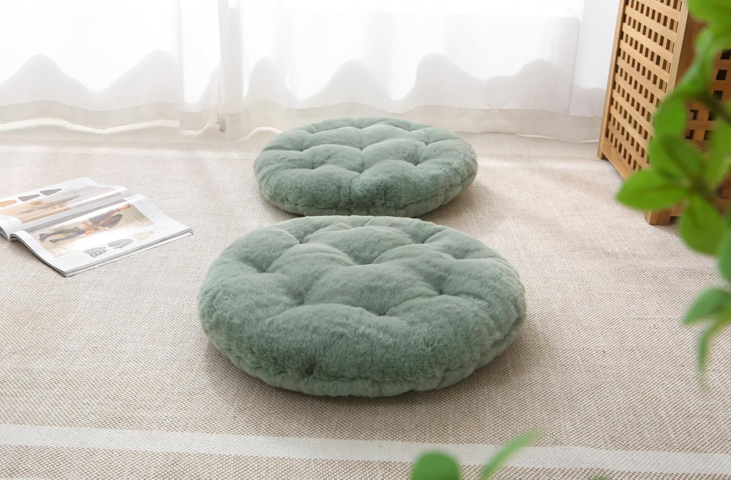 Large Floor Pillow Meditation Cushion Round Floor Cushions for Adults,Luxury Faux Fur Thick Floor Pillows for Sitting Put in Living Room Balcony Outdoor Tatami（Sage Green）