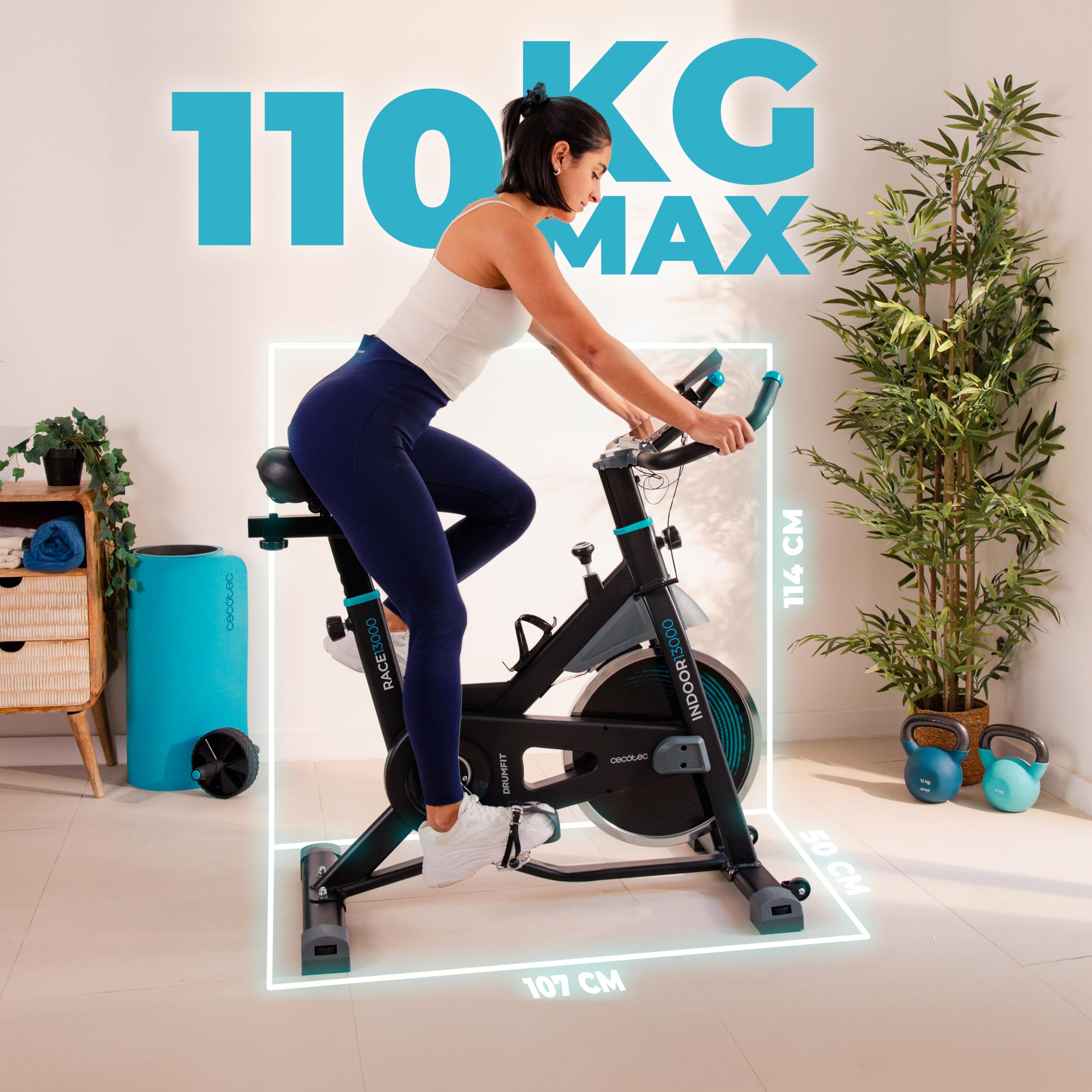 Cecotec Rower treningowy do użytku wewnątrz z kołem zamachowym 13 kg DrumFit Indoor 13000 Race. Pulsometr, ekran LCD, uchwyt na urządzenia, koła, opór tarcia, regulowane siodełko