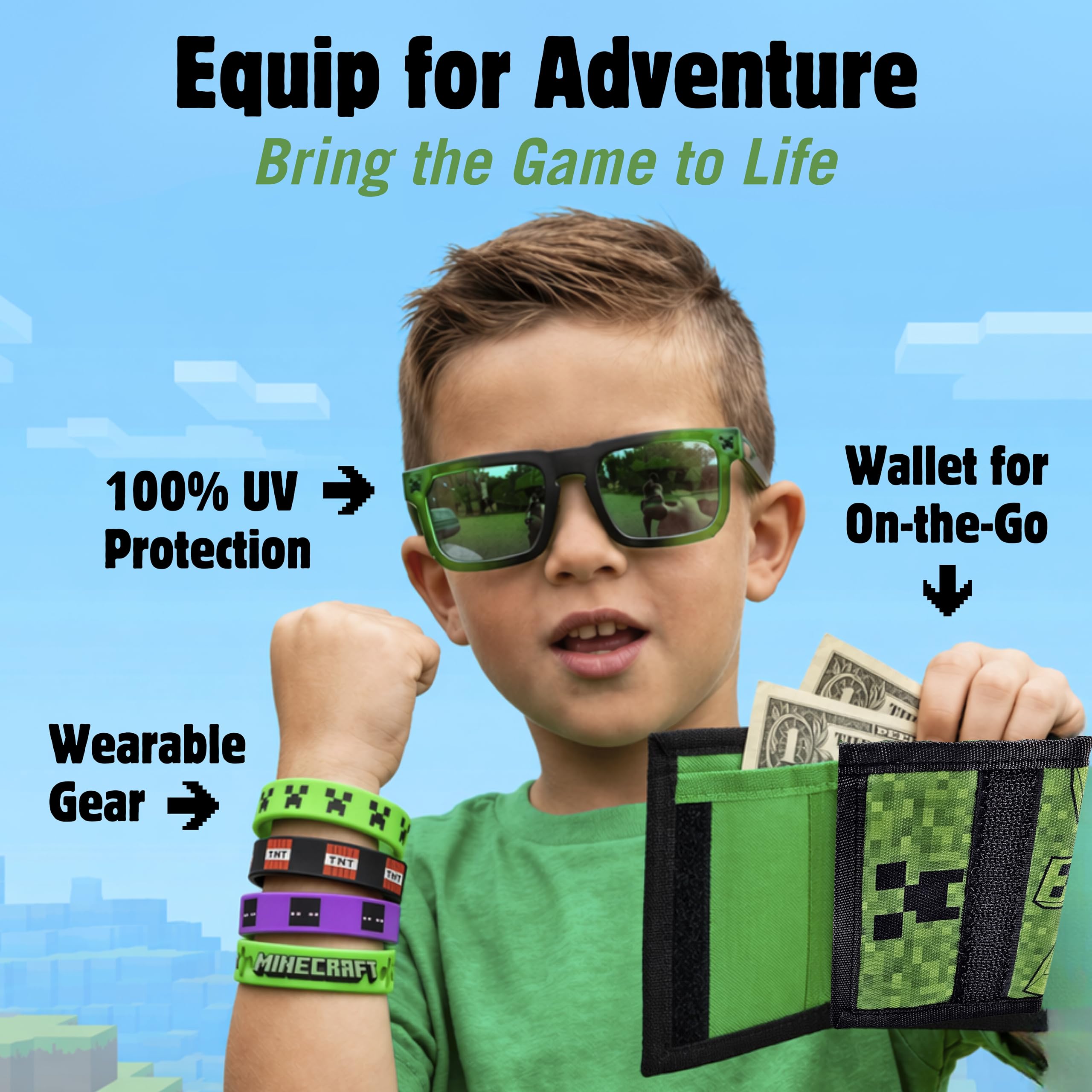 ARKAID Minecraft Mega - Juego de regalo para niños, más de 10 piezas, incluyendo cartera de tres pliegues, gafas de sol UV 400, funda protectora, 4 pulseras más llavero con 4 dijes oficiales de