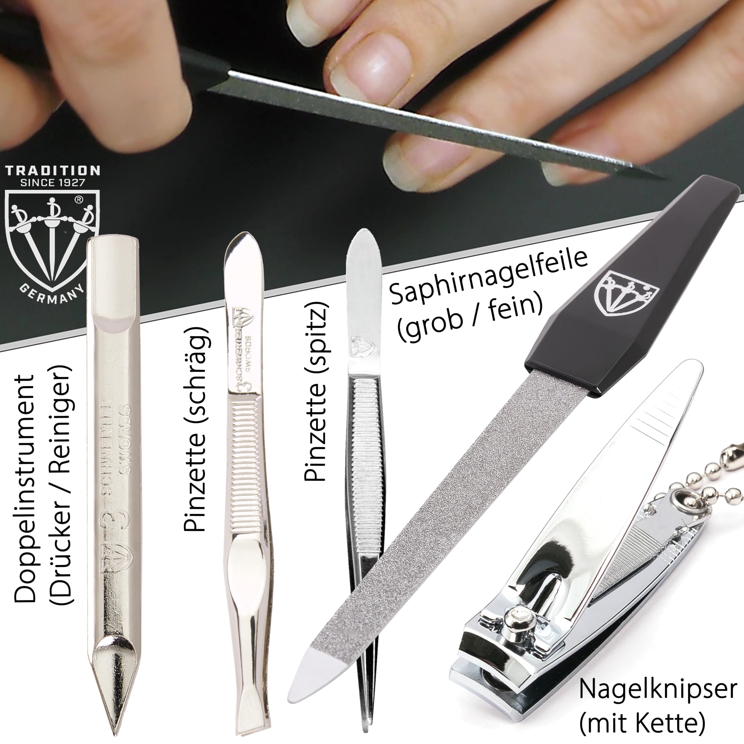 DREI SCHWERTER - Germany 7-tlg. Maniküreset 'Pistoia' | Maniküre Set Nagelset im Kunstlederetui kroko braun | Inhalt: Nagelschere, Hautschere, Nagelknipser, Pinzetten, Saphirnagelfeile uvm