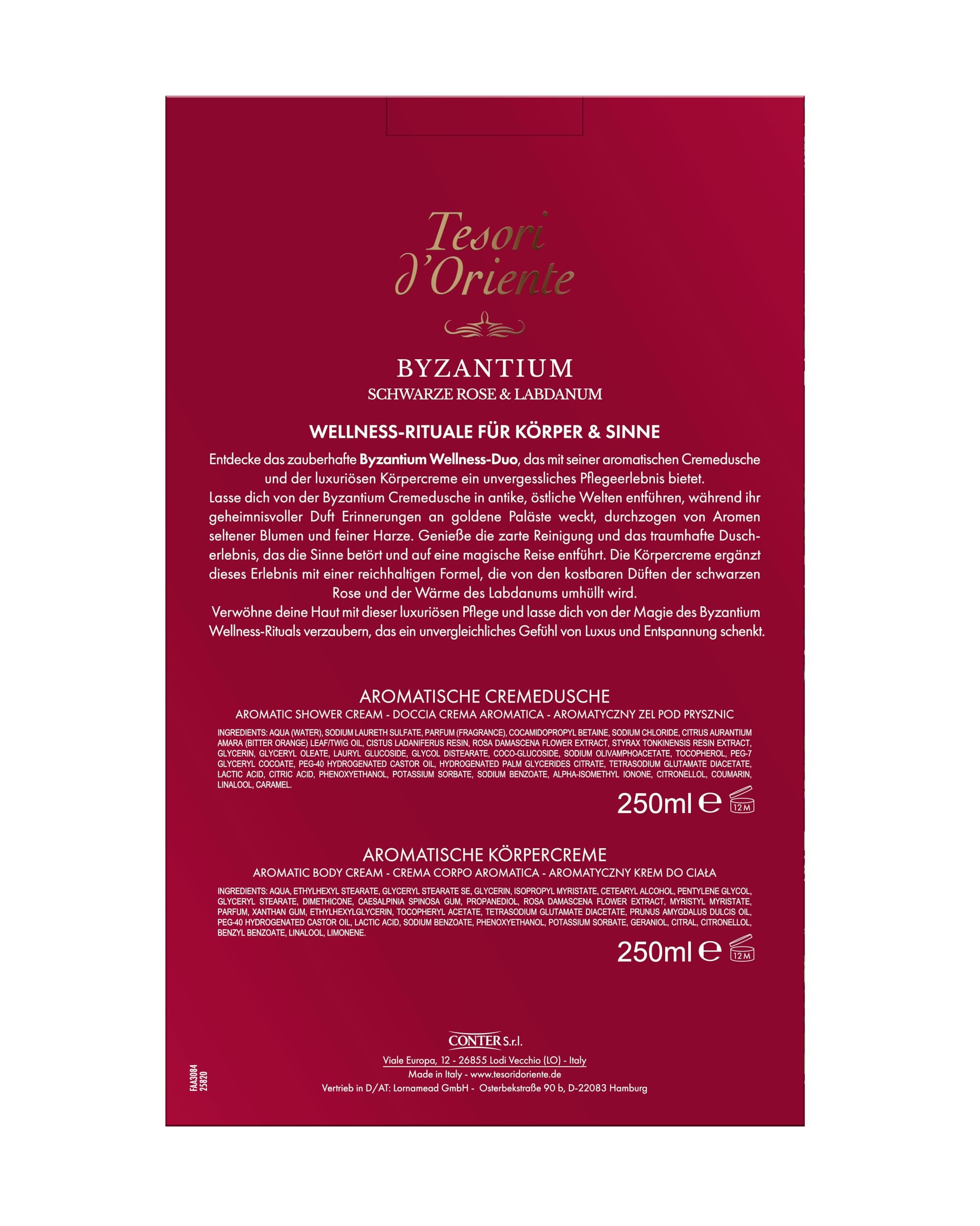 Tesori d'Oriente zestaw upominkowy "Byzantium", zestaw składający się z 250 ml kremowego żelu pod prysznic i 250 ml kremu do ciała, pielęgnacja ciała z czarną różą i ladanum, rytuał wellness dla ciała