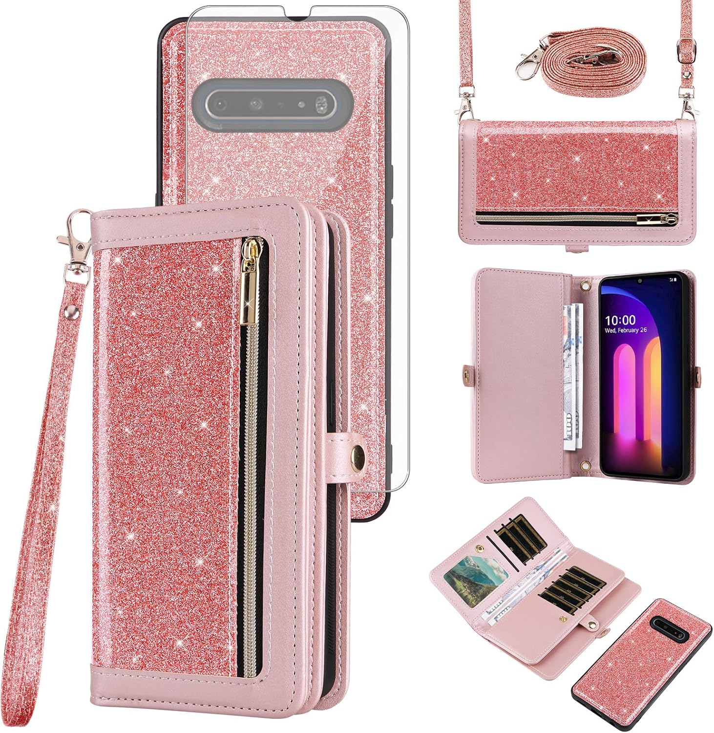 Asuwish Phone Case for LG V60 ThinQ V60ThinQ 5G G9 Thin Q Zipper Wallet Cell Cover with Tempered Glass Screen Protector Lanyard Strap Bling Glitter Flip Card Holder LGV60 V 60 60ThinQ 60V Women Pink