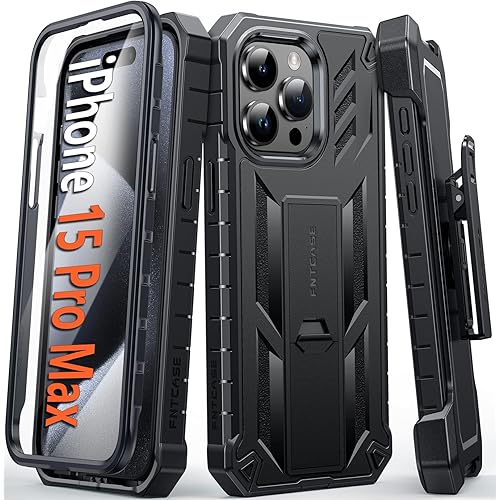 FNTCASE for iPhone 15-Pro-Max Phone Case 6.7", Built-in Screen Protector & Kickstand & Belt-Clip Heavy Duty Military Grade Shockproof Protection Rugged Case - Black